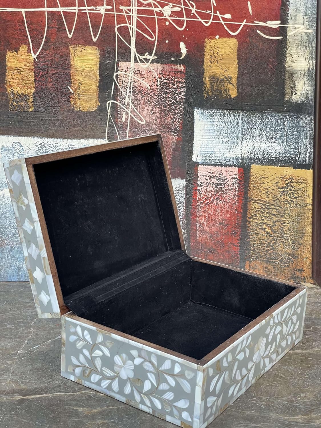 Decorative Wooden Storage Box with Mother of Pearl Inlay – Elegant Floral Design – Perfect for Home Décor in Living Room, Dining Area, or Bedroom (Grey, 12x8x5 inches)