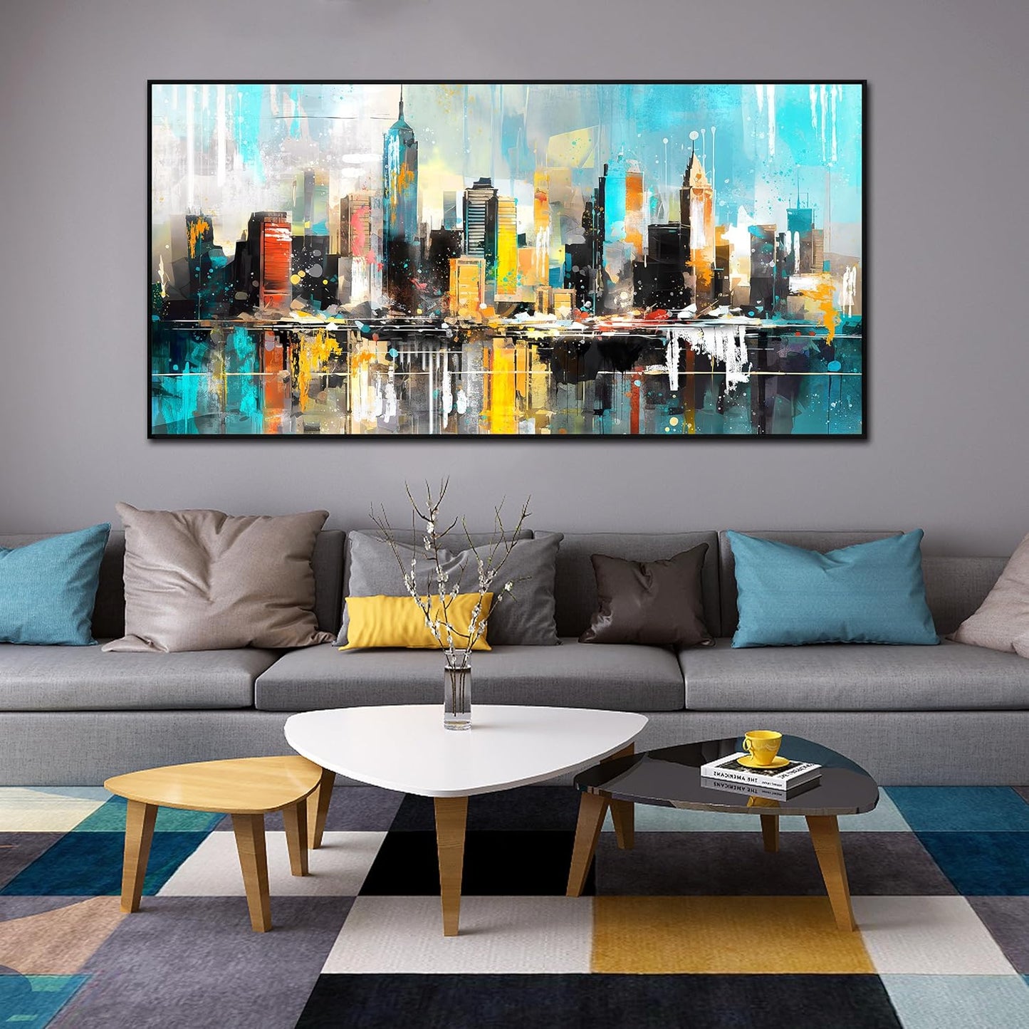 LAOTOART Cityscape Abstract Wall Art for Living Room - Blue Wall Decor - Modern Wall Art Framed Ready to Hang Size 29" x 59"