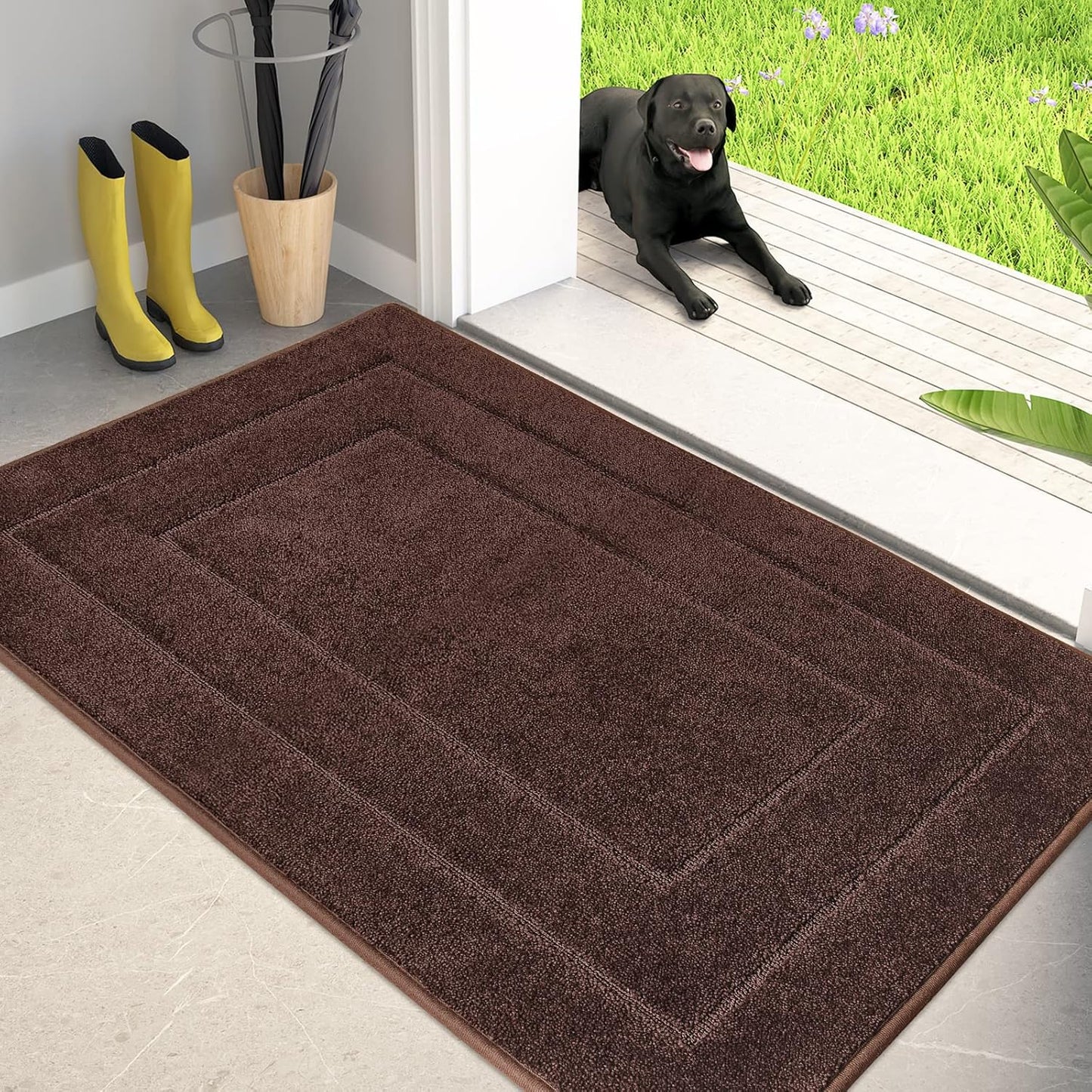 PURRUGS Dirt Trapping Door Mat 34" x 59", Non-Slip/Skid Machine Washable Entryway Area Rug, Dog Doormat, Super Absorbent Welcome Mat for Muddy Wet Shoes and Paws, Brown