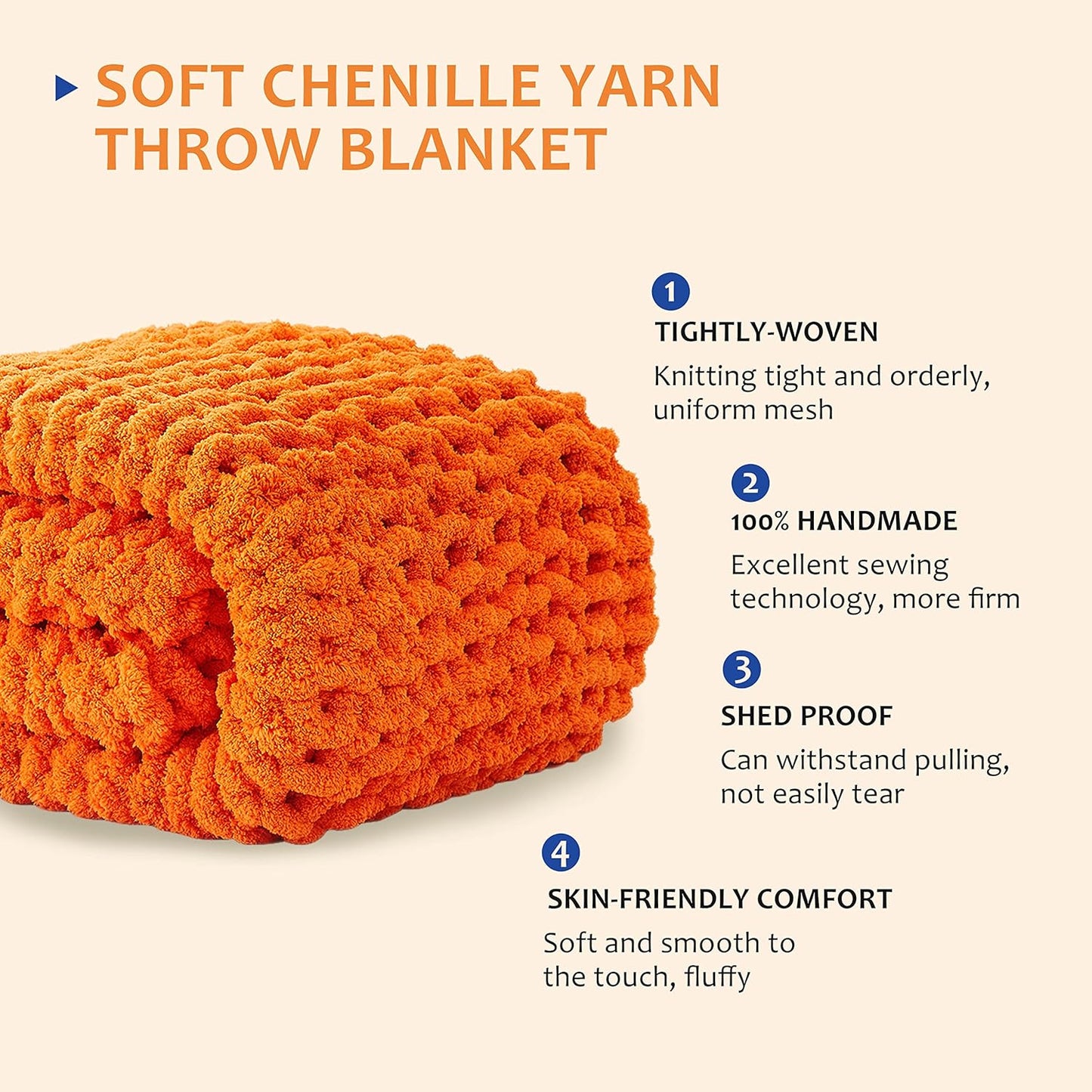 L'AGRATY Chunky Knit Blanket Throw: 80''x90'' Chenille Chunky Knitted Throw Blanket for Bed Couch - Handmade Thick Big Cable Knit Blanket - Large Chunky Crochet Rope Blanket for Home Decor(Orange)