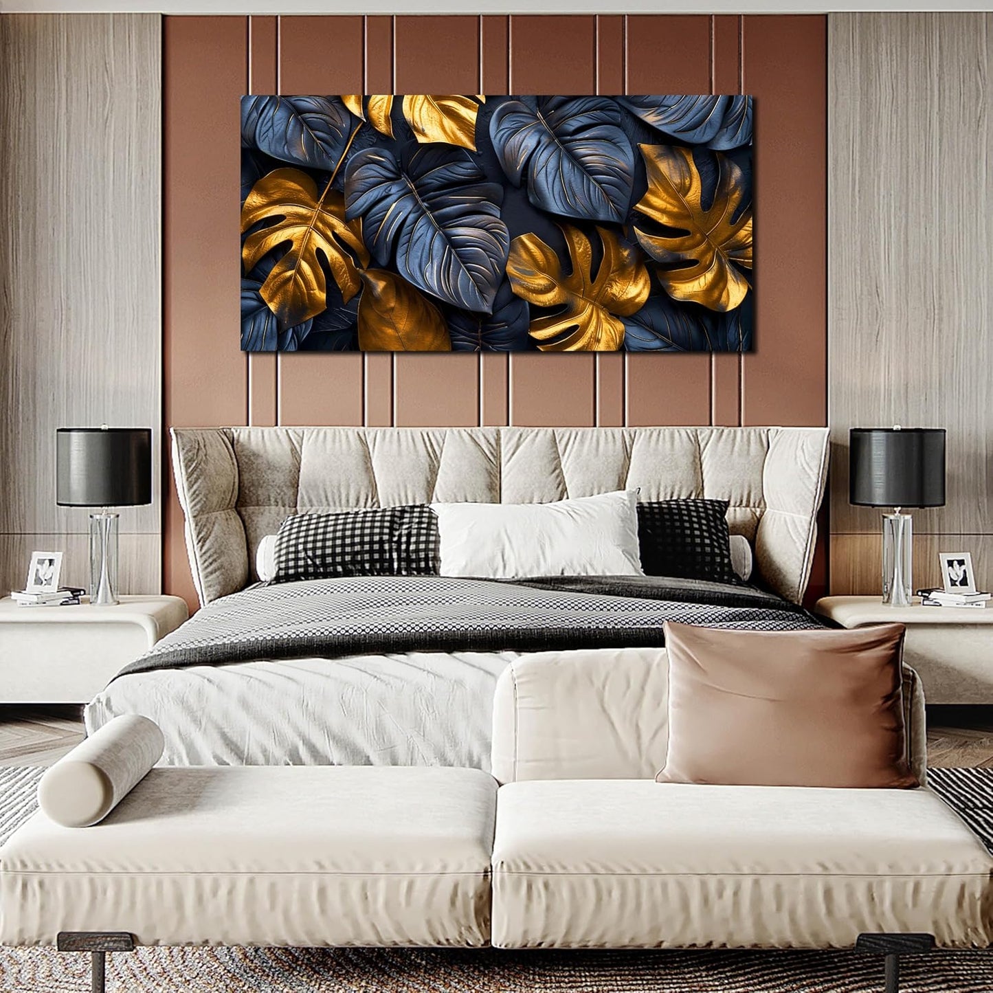 Leaves Pictures for Living Room Wall Decoration - Black and Gold Canvas Wall Art Bedroom - Modern Wall Art for Dining Room Size 29" x 59"