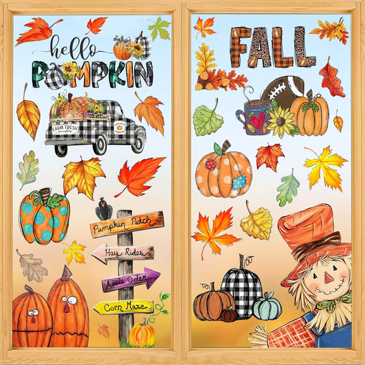 Fall Window Clings Decorations for Glass Fall Watercolor Pumpkin Maple Leaves Scarecrow Truck Window Stickers for Autumn Thanksgiving Harvest Party Home Window Decals Decor