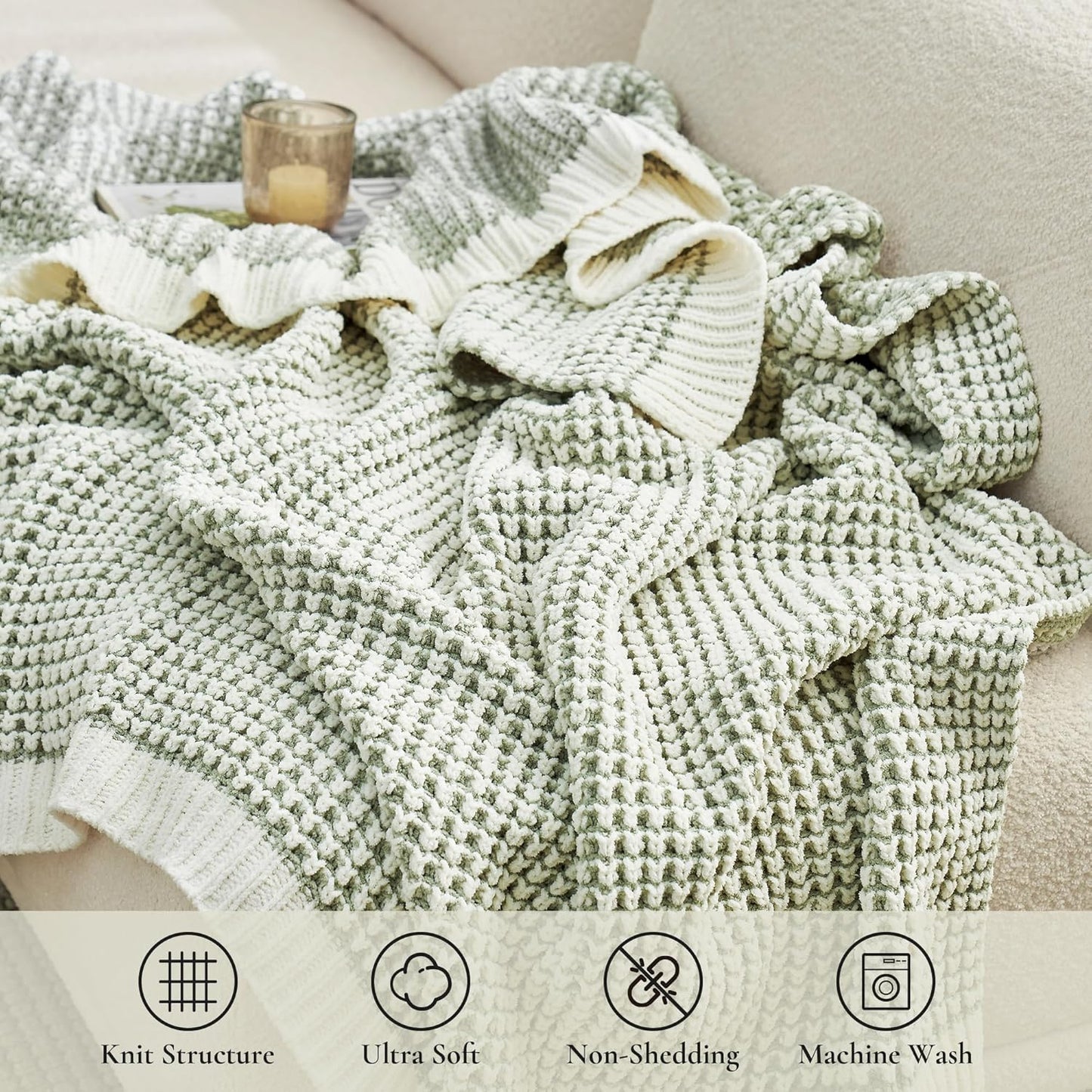 Amélie Home Chenille Waffle Throw Blanket for Couch, Reversible Pineapple Stitch Knit Soft Cozy Knit Blanket Lightweight Warm Decorative Throw for Sofa, Bed, Living Room, 50"x60", Sage Green&Ivory