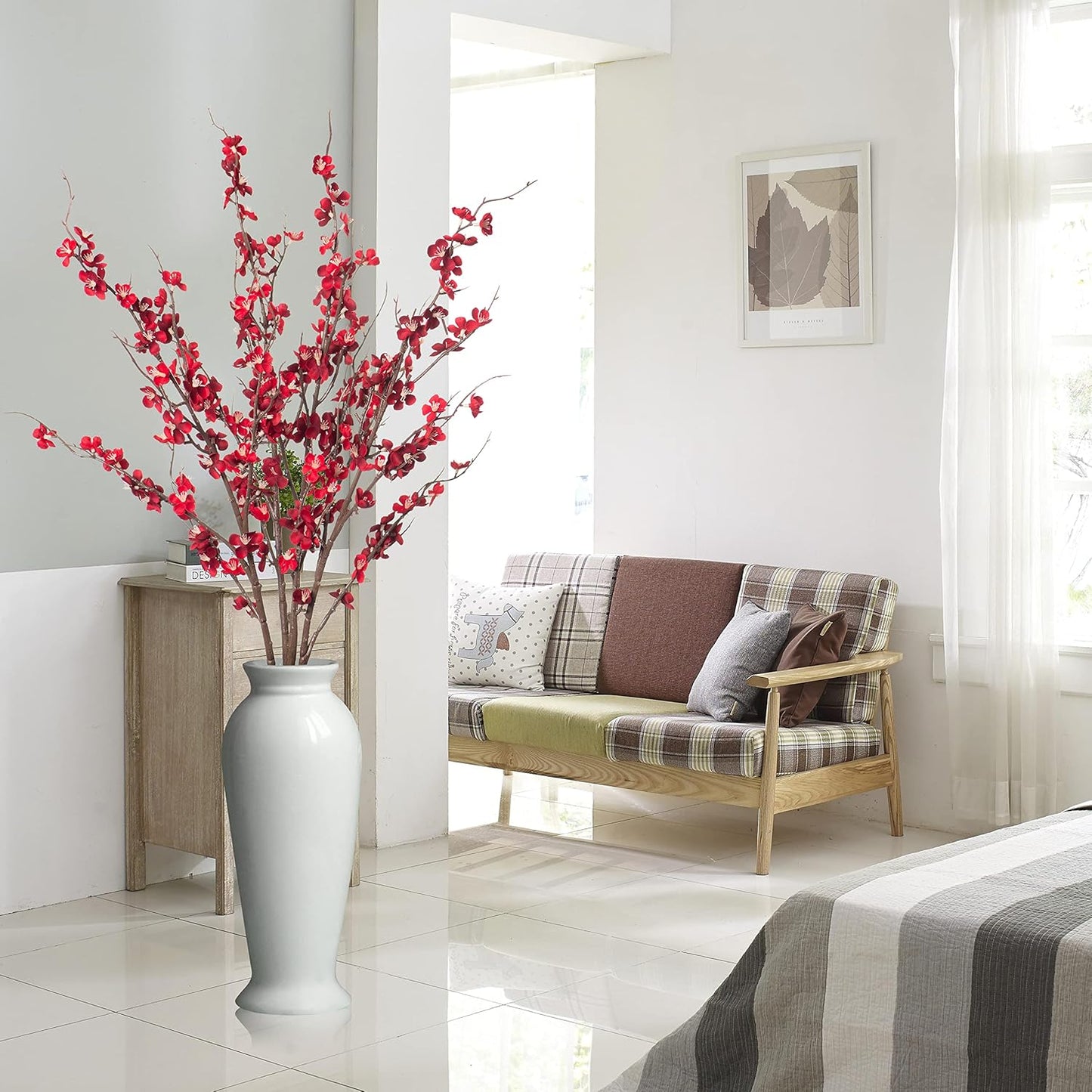 4Pcs Cherry Blossom Branches Artificial Flowers for Spring Summer Indoor Decoration,Faux Long Stem Artificial Flowers for Wedding Home Office Bedroom Party Table Centerpieces Decor(Red)