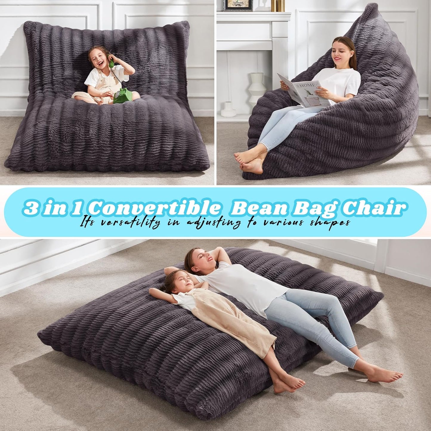 Hobestluk 3 in 1 Bean Bag Chair Giant Bean Bag Chairs for Adults with Ripple Cover Convertible Bean Bag Floor Cushion with Machine Washable Cover for Living Room (Ripple Dark Grey)