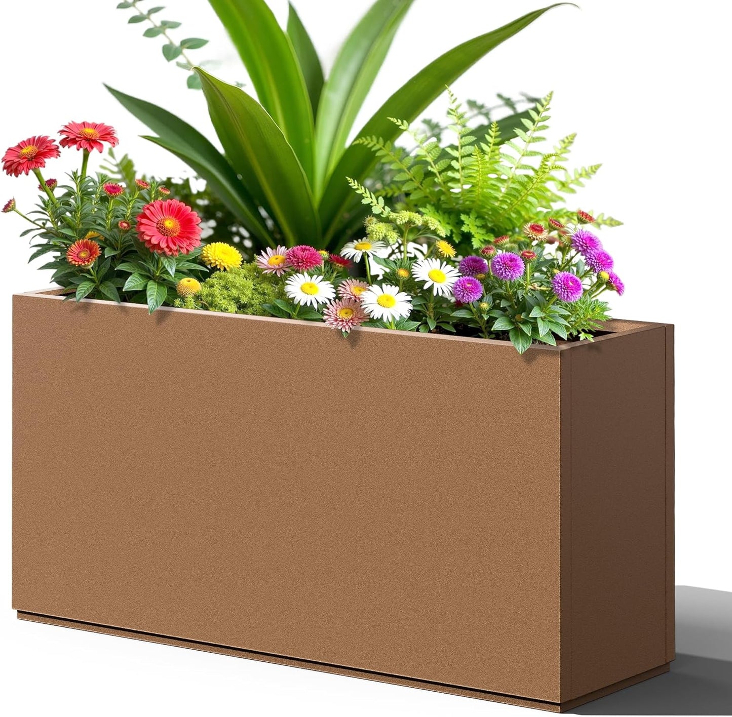 FENCY Metal Rectangular Planter Box, Large Planters for Outdoor Plants, Tall Planters for Outdoor Plants with Drainage Holes (32" L x 10" W x 16.3" H,Brown)