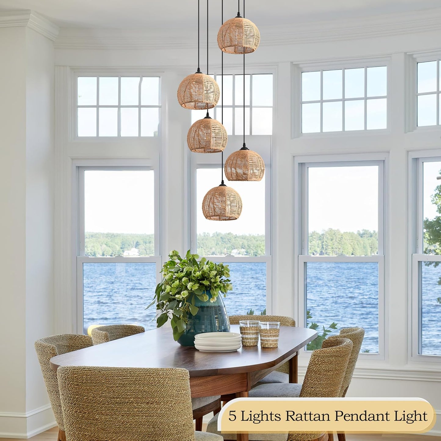 5-Light Woven Foyer Chandeliers for High Ceiling,5 Dome Boho Rattan Pendant Light Farmhouse Wicker Ceiling Light,rustic Hemp rope Light Fixture For Living Room Hallway Staircase Entryway(Bulb Incl.