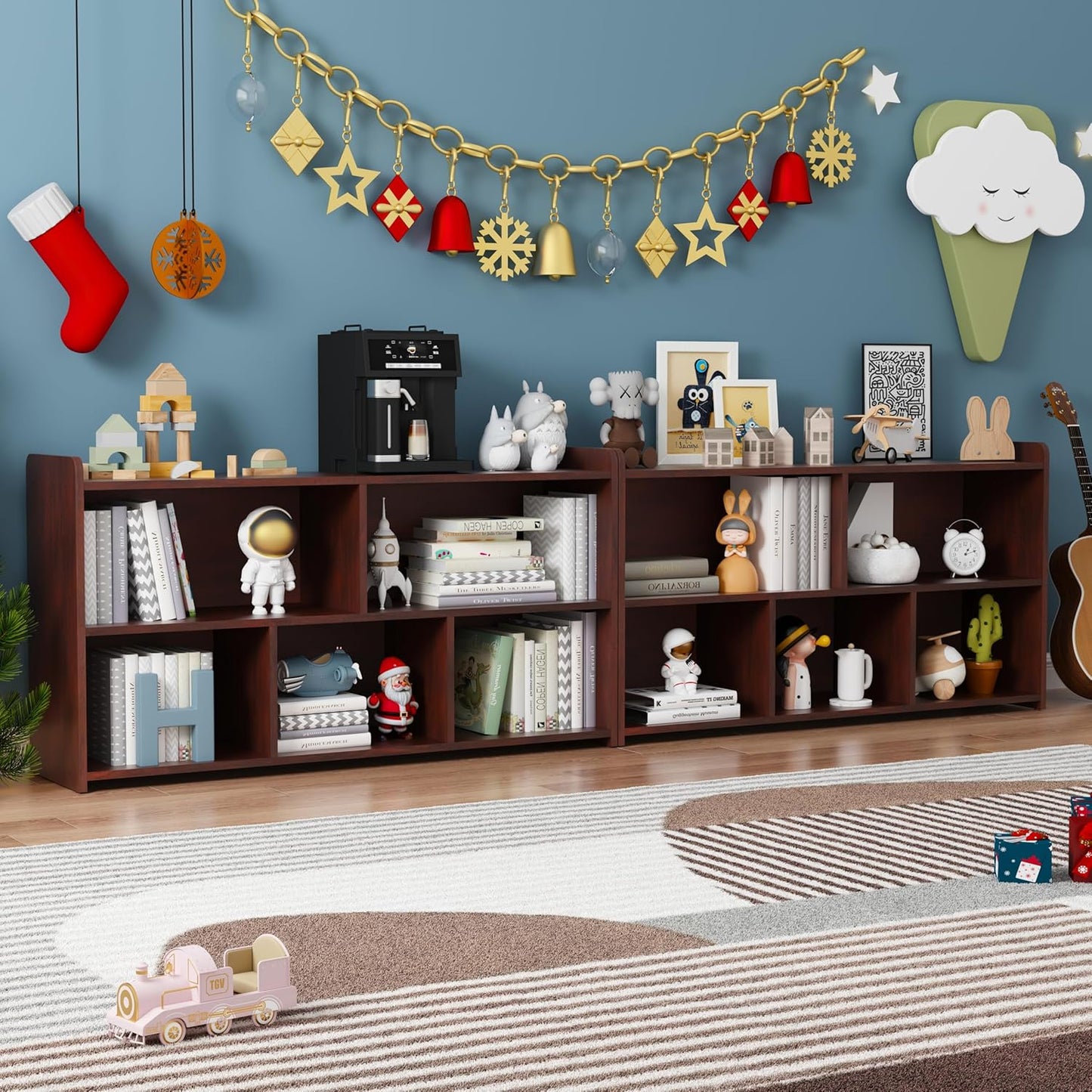 Book Shelf Set of 2, 5 Cubes Storage Organizer, Open Shelf Wooden Bookcase, Freestanding Cherry Bookshelf Cube Shelf for Bedroom, Living Room, Home Office