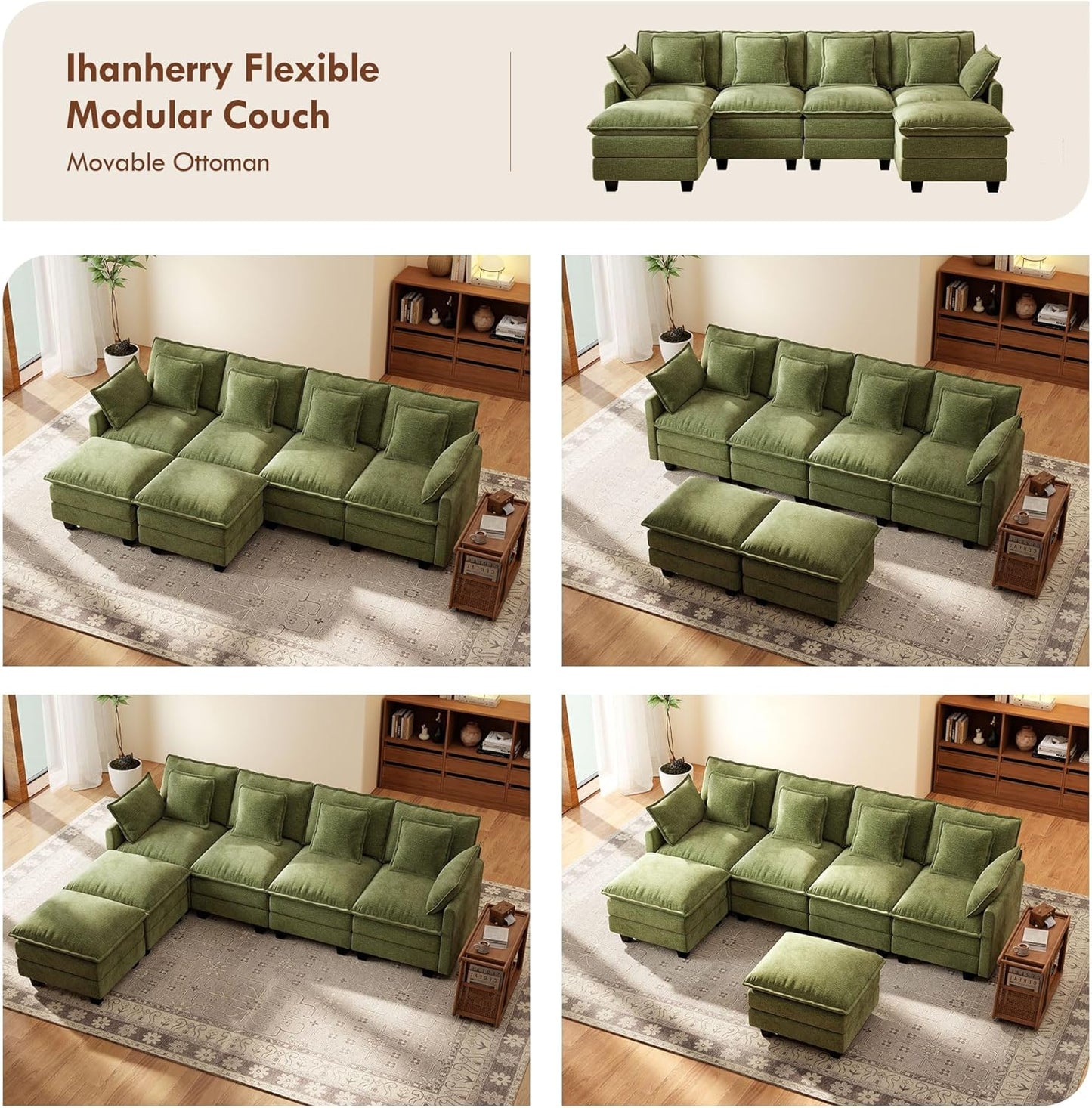 Ihanherry 106" L Shaped Modular Sectional Cloud Sofa, Modern 6 Seat Chenille Couch with Ottoman for Living Room, Bedroom and Apartment, Green