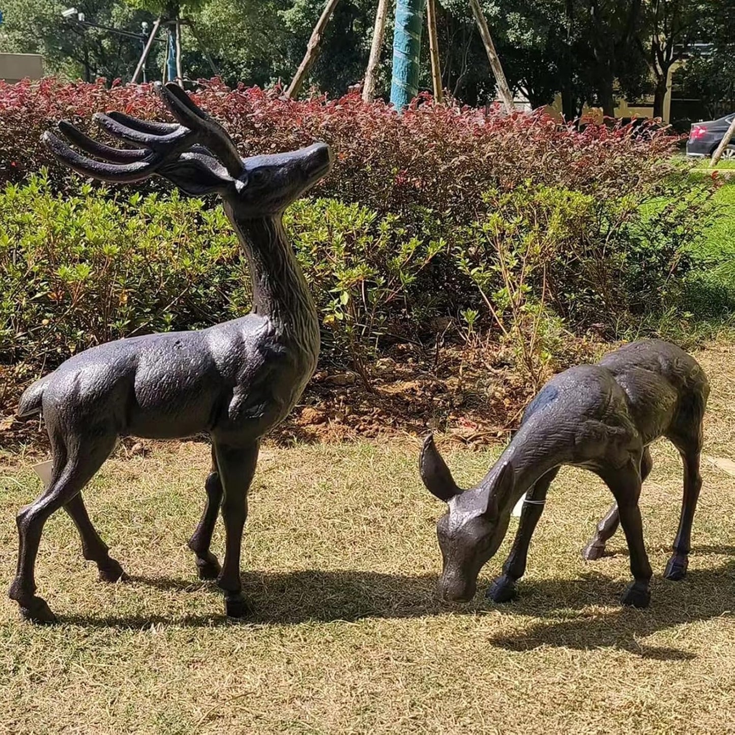 Elegant Pair of Cast Iron Deer Sculptures -22" and 11.4" Tall Male and Female Set for Outdoor Garden Decor, Realistic Animal Statues HC3672-5691