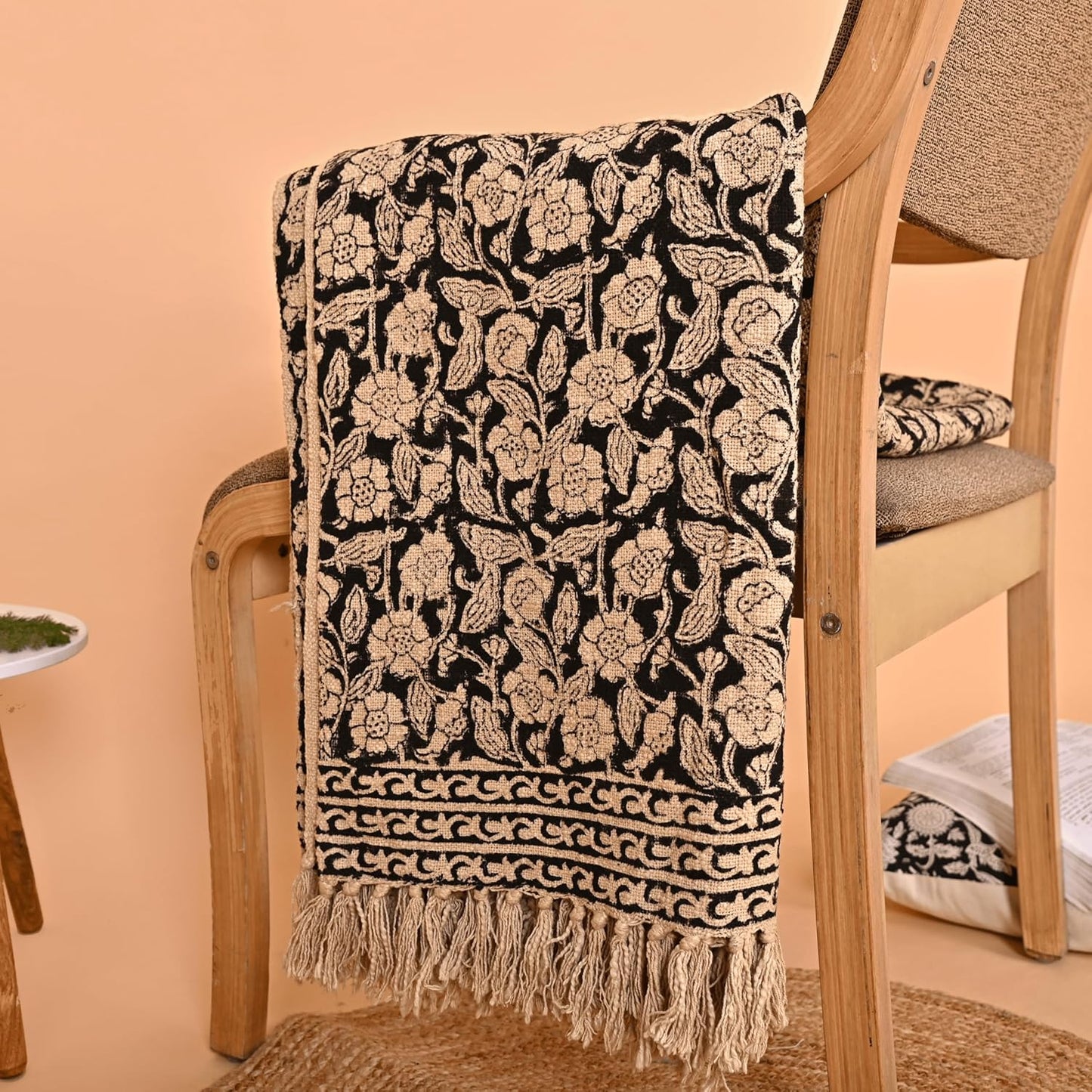 Handmade Cotton Throw Blanket, Floral Block Print, Black and Beige Wrap, 47x71 inches Decorative Woven Throw with Tassels
