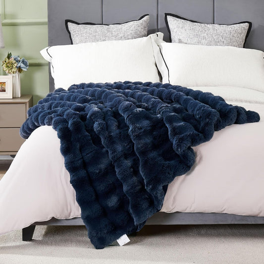 DREAMNINE Oversized Soft Thick Fuzzy Bubble Faux Rabbit Fur Throw Blanket Twin Size 60" x 71", Double Sided Comfy Plush Warm Shaggy Fluffy Blankets, Luxury Cozy Cute Furry Blanket for Bed, Navy Blue