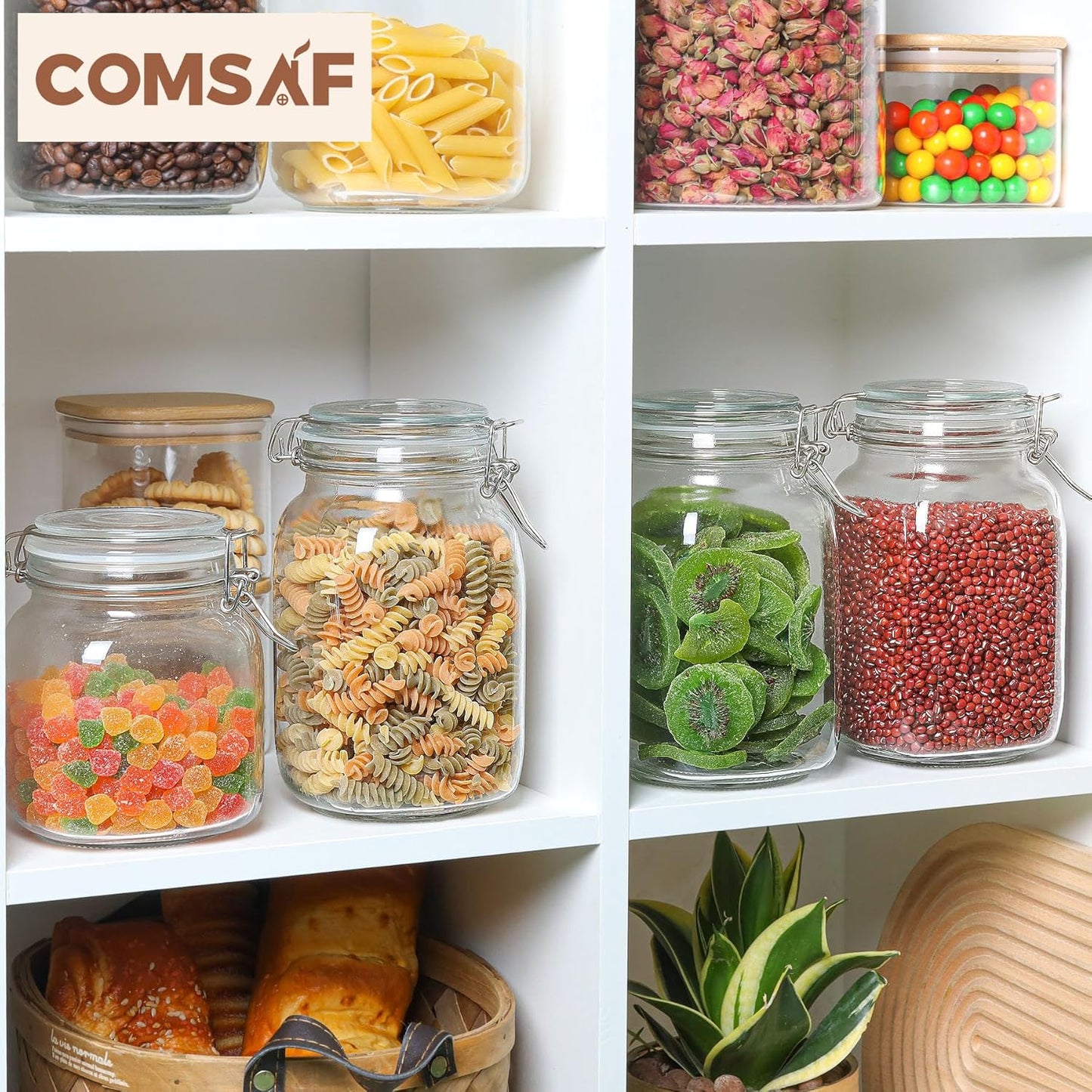ComSaf Airtight Glass Canister Set of 3 with Lids 50oz Clear Food Storage Jars Square, Kitchen & Pantry Organization Food Storage Container for Canning, Sugar, Flour, Pasta, Candy, Cereal, Coffee