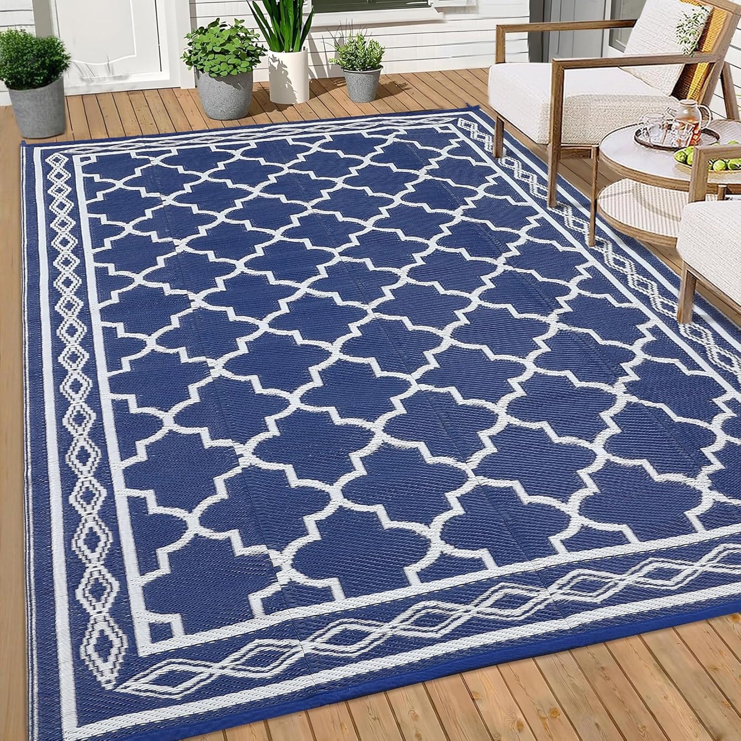 GAOMON Outdoor Rug for Patio 5'x8' Reversible Plastic Rugs Camping Mat for Outdoor, RV, Backyard, Deck, Balcony, Picnic, Beach, Navy/White(Geometric)