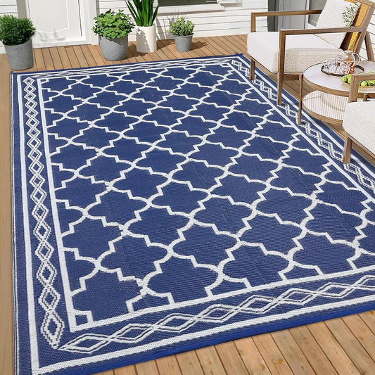 GAOMON Outdoor Rug 9'x12' Waterproof Rug for Patio Decor, Foldable Reversible Plastic Straw Area Rugs Mat for Camper, Outside Carpet for Deck, Porch, Picnic, Beach, Navy/White(Geometric)