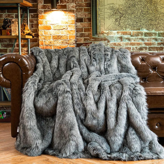 BATTILO HOME Silver Grey Faux Fur Throw Blanket for Couch, Bed, Fake Fur Blankets & Throws, Thick Warm Heavy Fluffy Fuzzy Elegant Furry Blanket Long Pile with Black Tips, 50"x60"