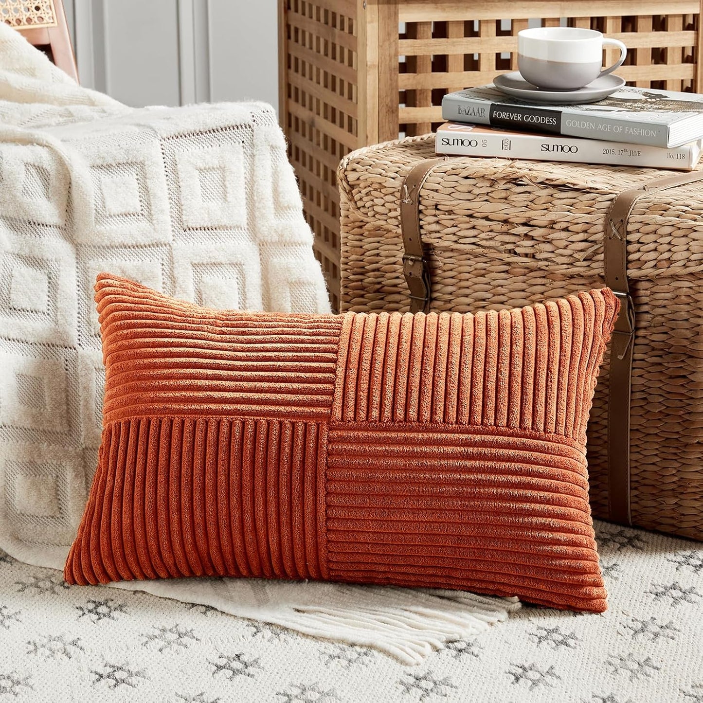 Fancy Homi Set of 2 Burnt Orange Long Lumbar Decorative Throw Pillow Covers 16x24 Inch for Living Room Couch Bed, Boho Farmhouse Fall Home Decor, Soft Corduroy Corss Textured Cushion Case 40x60 cm