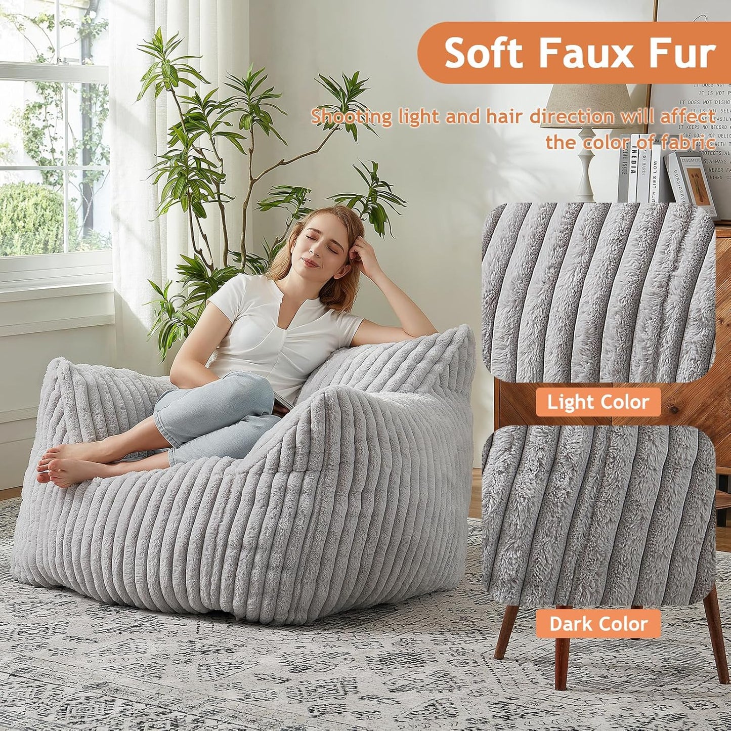 Giant Bean Bag Chairs for Adults with Filling Plush Fluffy Bean Bag Chairs for Teens with Armrests Comfy BeanBag Lazy Couch Sofa Chair for Bedroom Living Room Reading