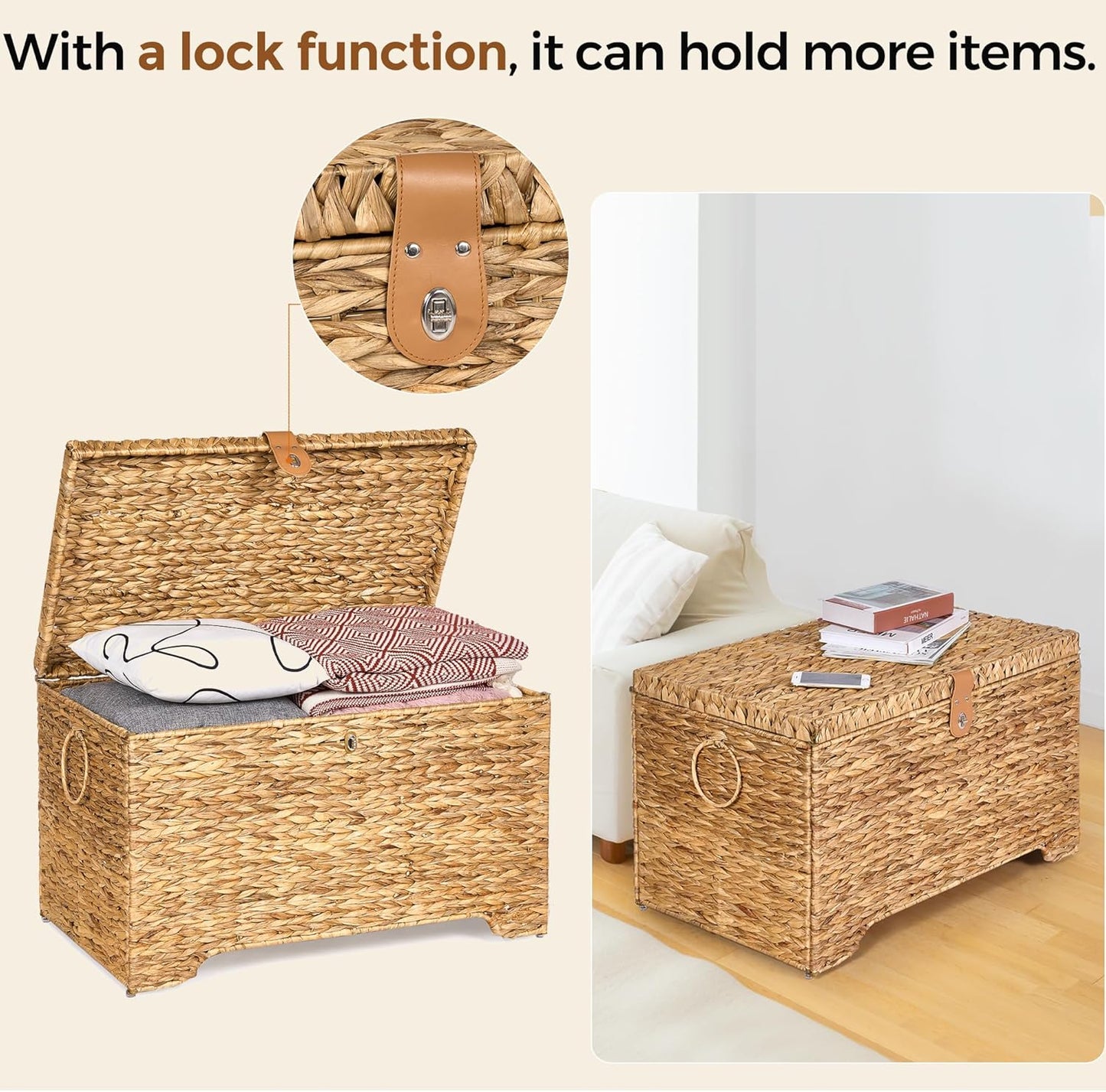 Handwoven Storage Basket with Lid, 165L Wicker Storage Bin, Natural Water Hyacinth, Leather Buckle & Metal Frame, Metal Ring Handles for Easy Transport, Storage Chest & Trunk for Bedroom, Living Room