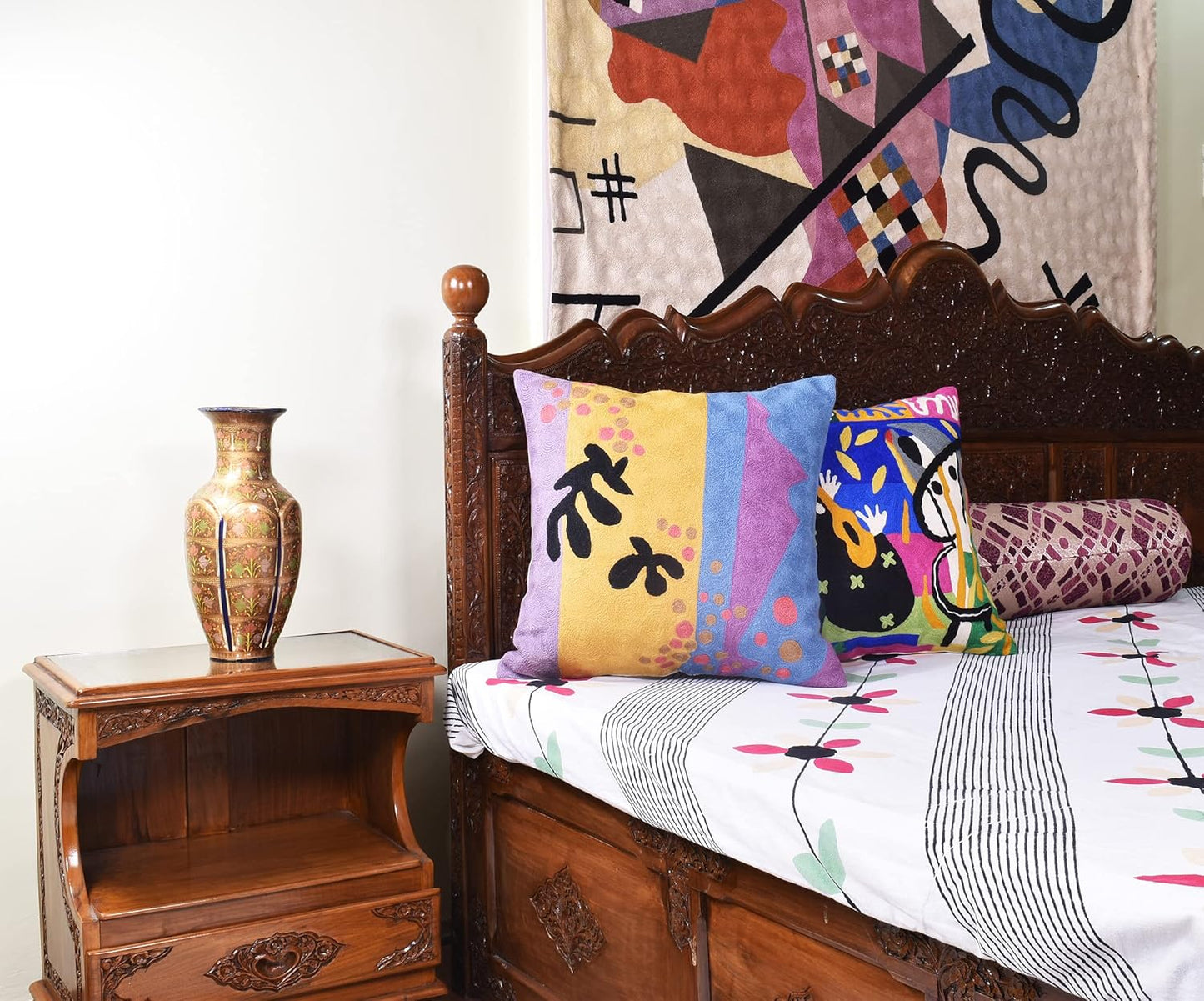 Matisse Gold Pillow Cover Purple Modern Pillowscase Chair Cushion Abstract Farmhouse Flower Outdoor Mid Century Hand Embroidered Wool Size 18x18