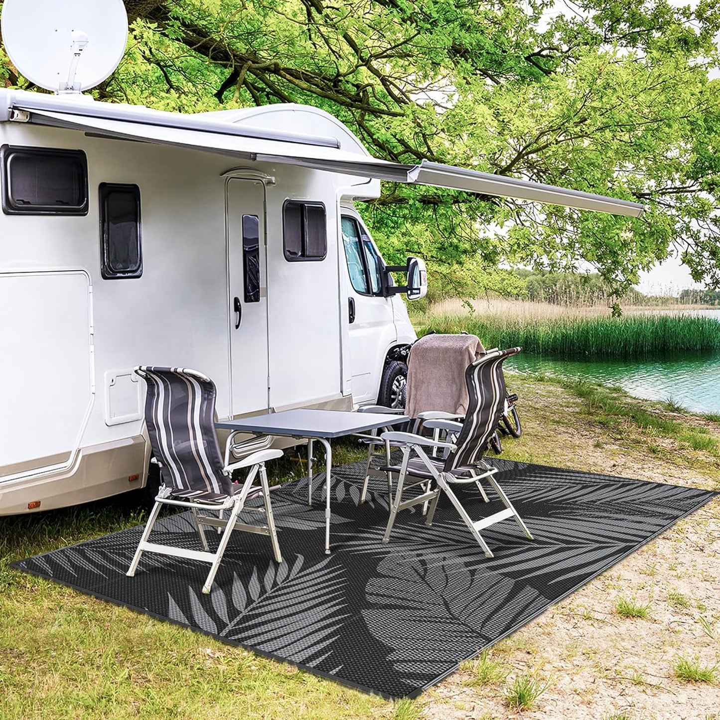 GENIMO Outdoor Rug 9' x 12' Waterproof for Patios Clearance, Reversible Outdoor Plastic Straw Camping Rug Carpet, Large Area Rugs Mats for RV, Camper, Deck, Balcony, Porch, Beach, Picnic, Black&Grey