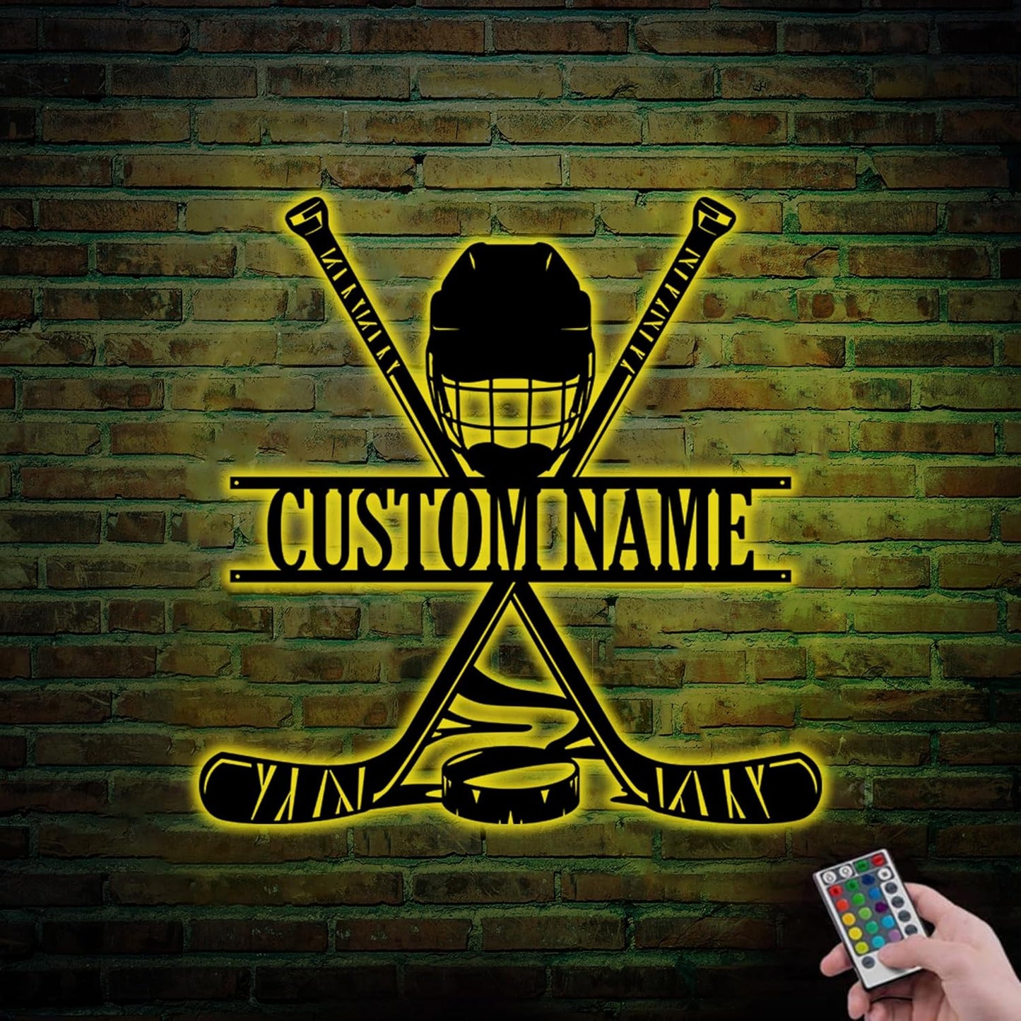 Hockey Metal Wall Art LED Sign – Custom Light Up Name Sign with Helmet & Sticks, 16-Color LED with Remote Control, Hockey Decor for Boys Room, Sports Fans