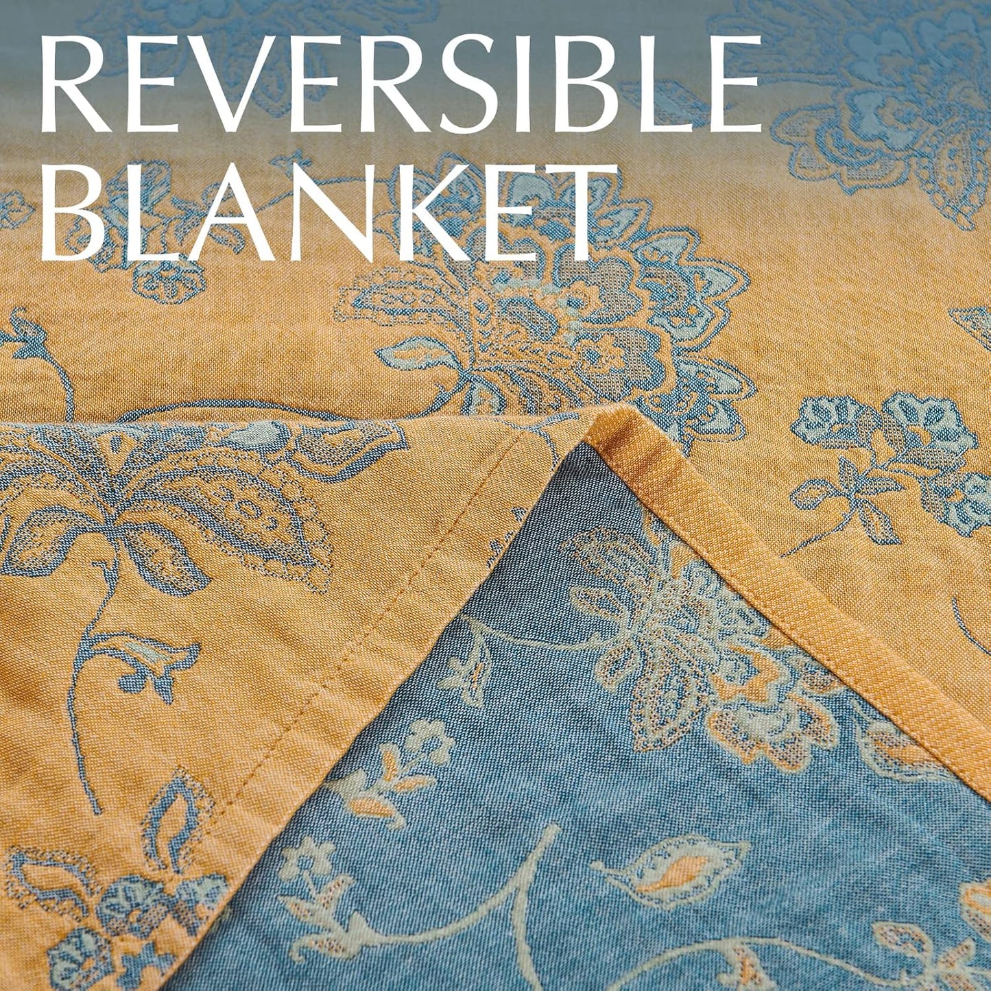 jinchan Boho 100% Cotton Muslin Twin Size 60x80 Inches Blanket Lightweight 4-Layer Quilted Soft Yellow and Blue Floral Throw Blanket Reversible Comfy Flower Breathable All Seasons Couch Bedroom Decor