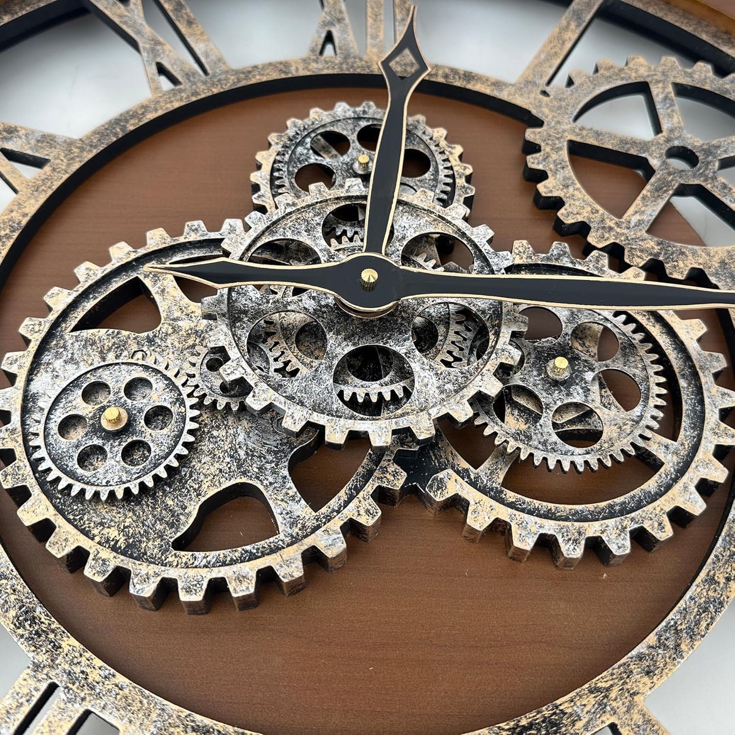 The B-Style Large Wall Clock 24 inch Moving Gear Wall Clock Oversized Vintage Farmhouse Wall Clocks for Living Room Decor Rustic Industrial Wood Clock (Drak Brown and Bronze)