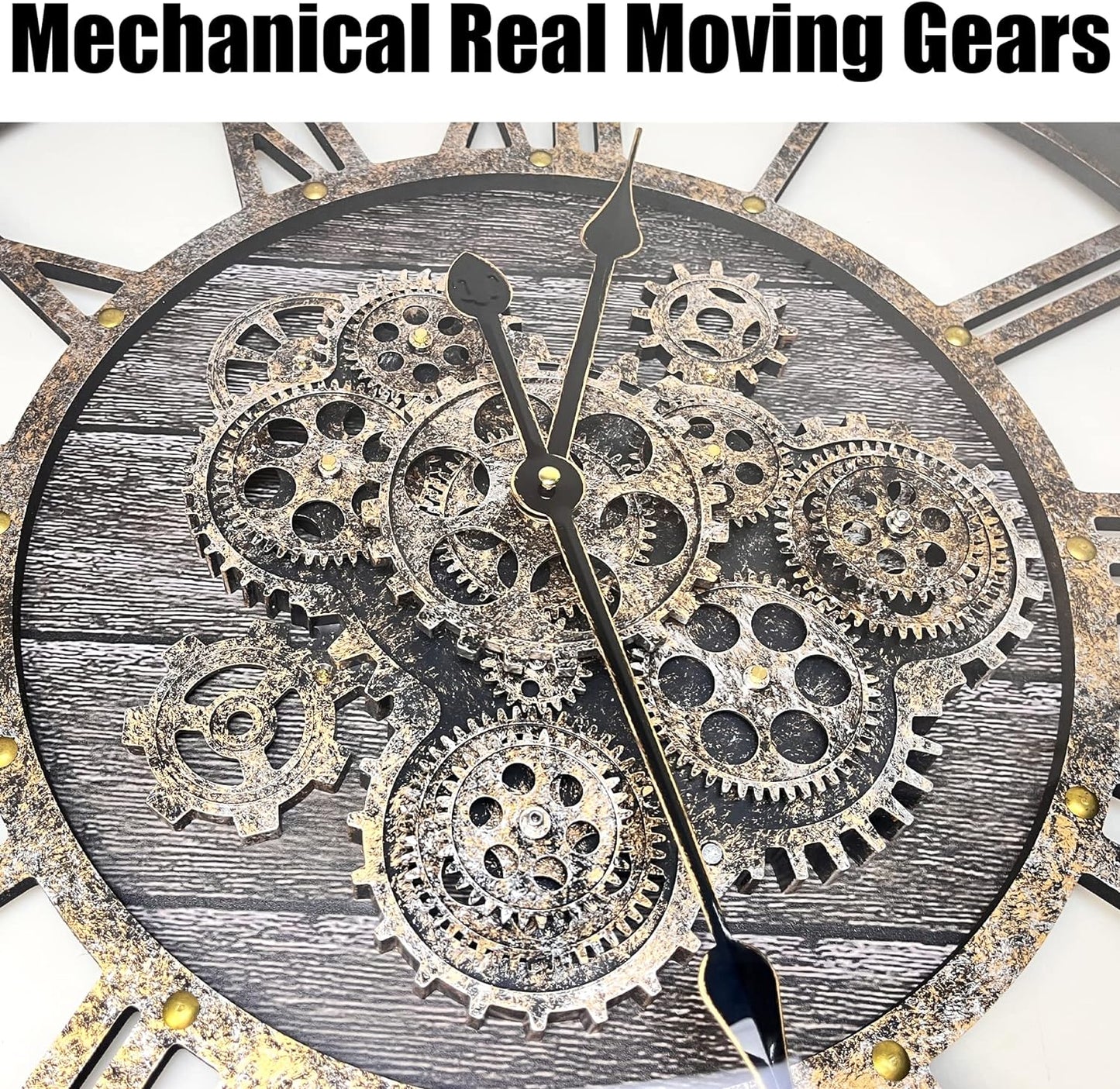 DORBOKER 27" Real Moving Gears Large Wall Clock with Toughened Glass Cover, Giant Wood Farmhouse Clock, Oversized Vintage Industrial Rustic Clock for Living Room Decor Home Kitchen (Carbon Grey)