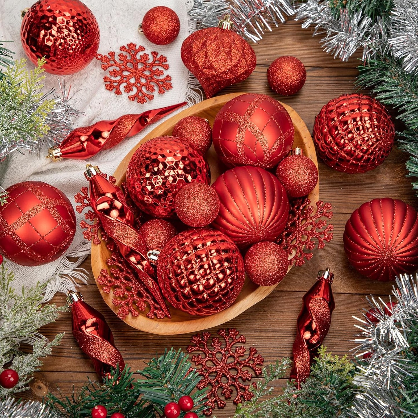 50PCS Christmas Tree Ornaments Set with Shatterproof Balls Icicle Snowflake Hanging Ornaments for Home Office Farmhouse Christmas Decorations, Red