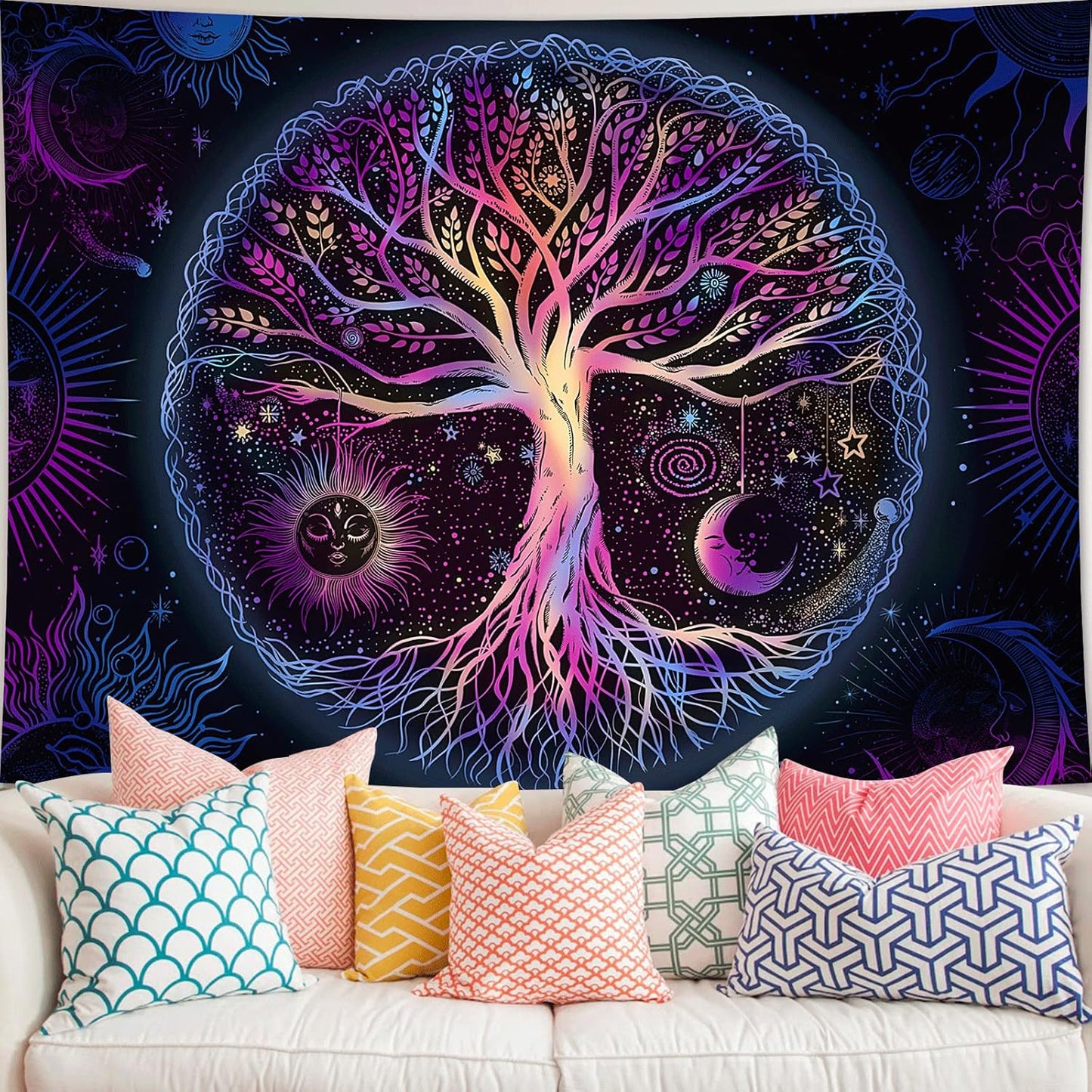 FORATER Tree of Life Tapestry Wall Hanging Colorful Life Tree Tapestries Aesthetic Sun and Moon Galaxy Wall Tapestry for Bedroom Living Room Dorm(36 x 48 Inch, Multicolor)