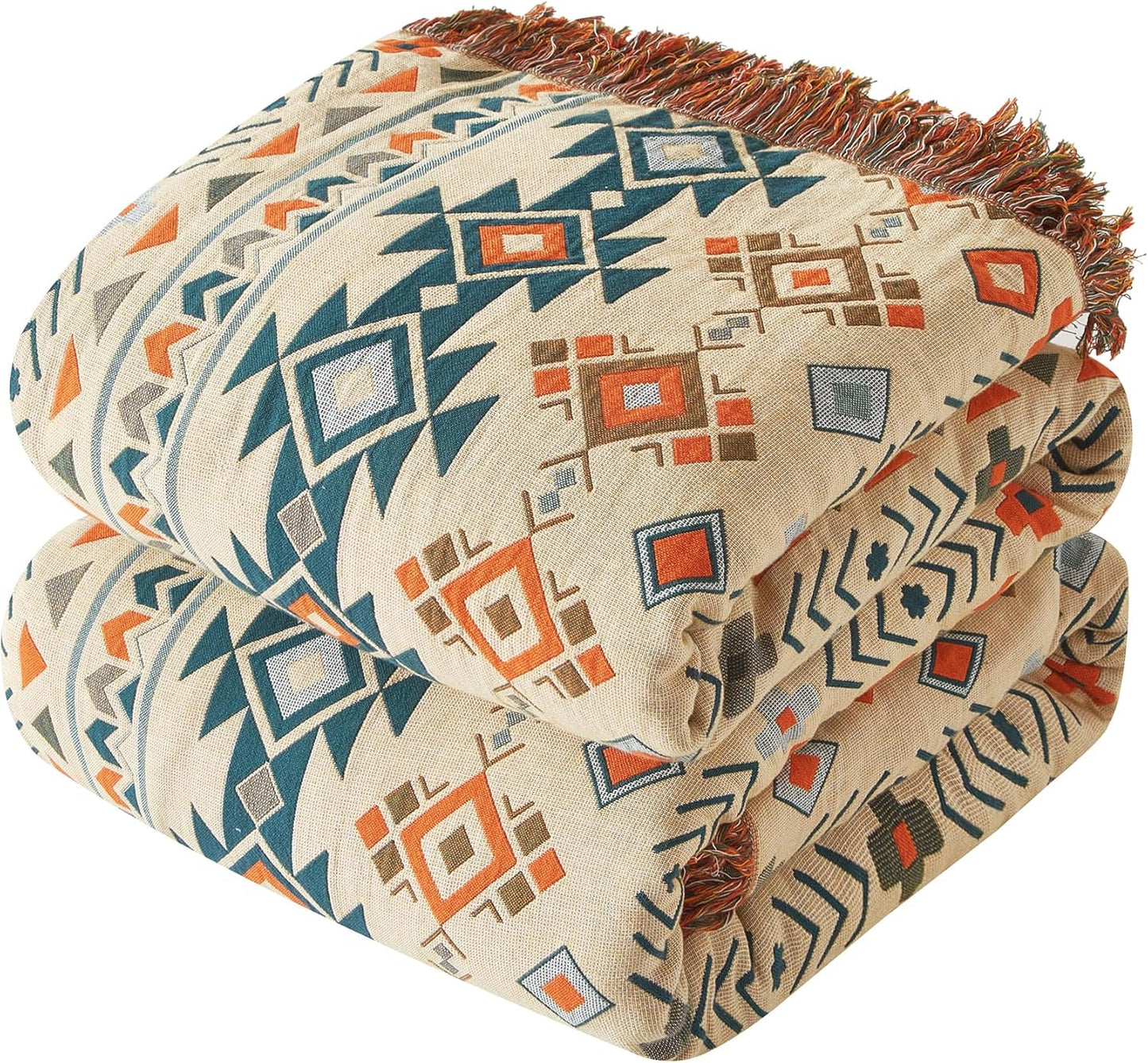 Boho Throw Blanket for Couch Sofa Bed, 100% Cotton Woven Quilt with Tassel 90”x98”, Super Soft Muslin Blanket with Patchwork Printed, Decorative Reversible Bed Blanket/Cover for All Seasons