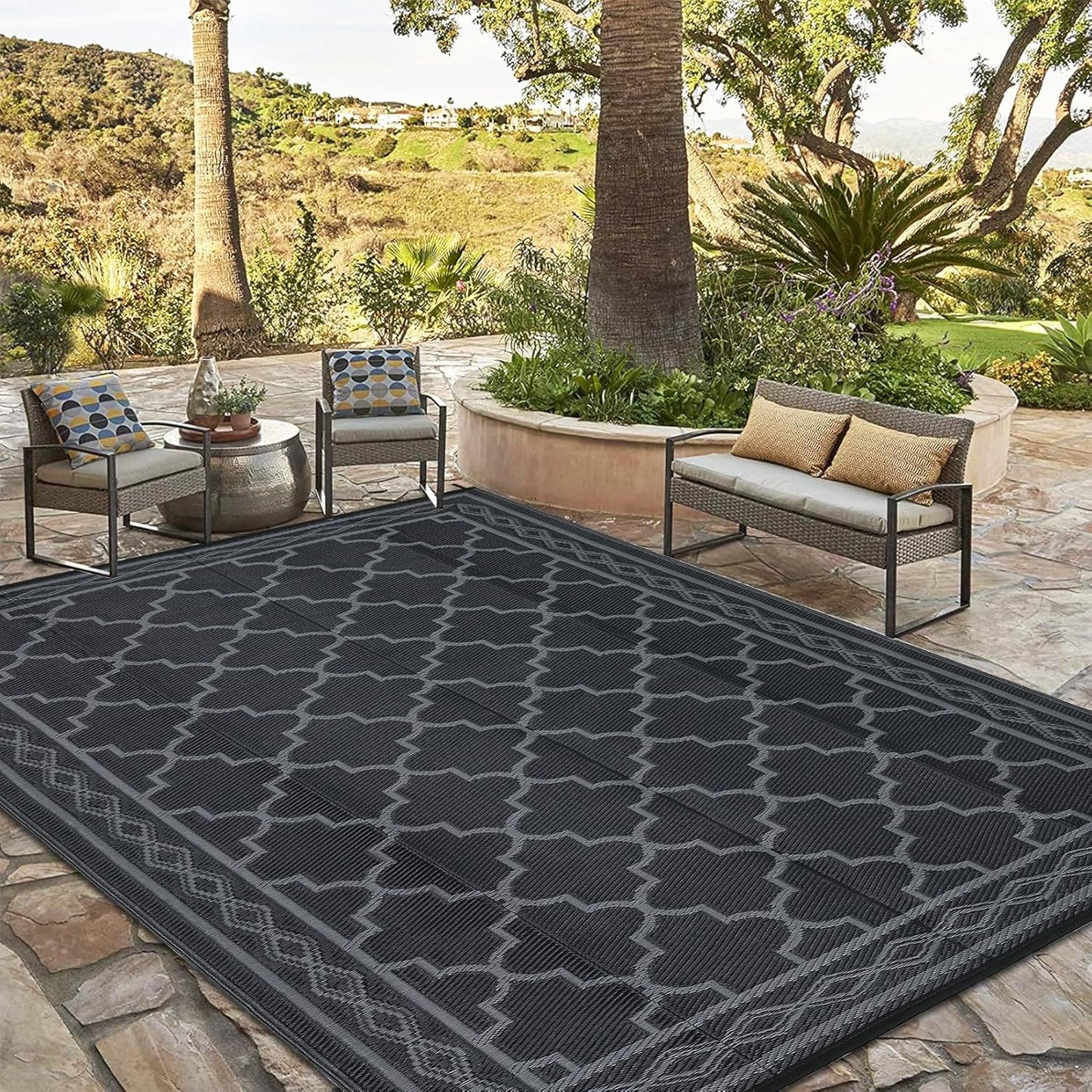 GAOMON Outdoor Plastic Straw Rug, 10'x14' Reversible Sage Green Patio Mat, Flower Modern Design for RV, Backyard, Deck, Camping, Picnic, Black/Grey(Geometric)