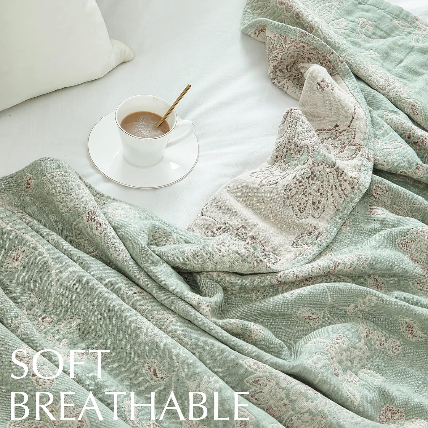 jinchan Boho 100% Cotton Muslin Twin Size 50x60 Inches Blanket Lightweight 4-Layer Quilted Soft Green and Beige Floral Throw Blanket Reversible Comfy Flower Breathable All Seasons Couch Bedroom Decor