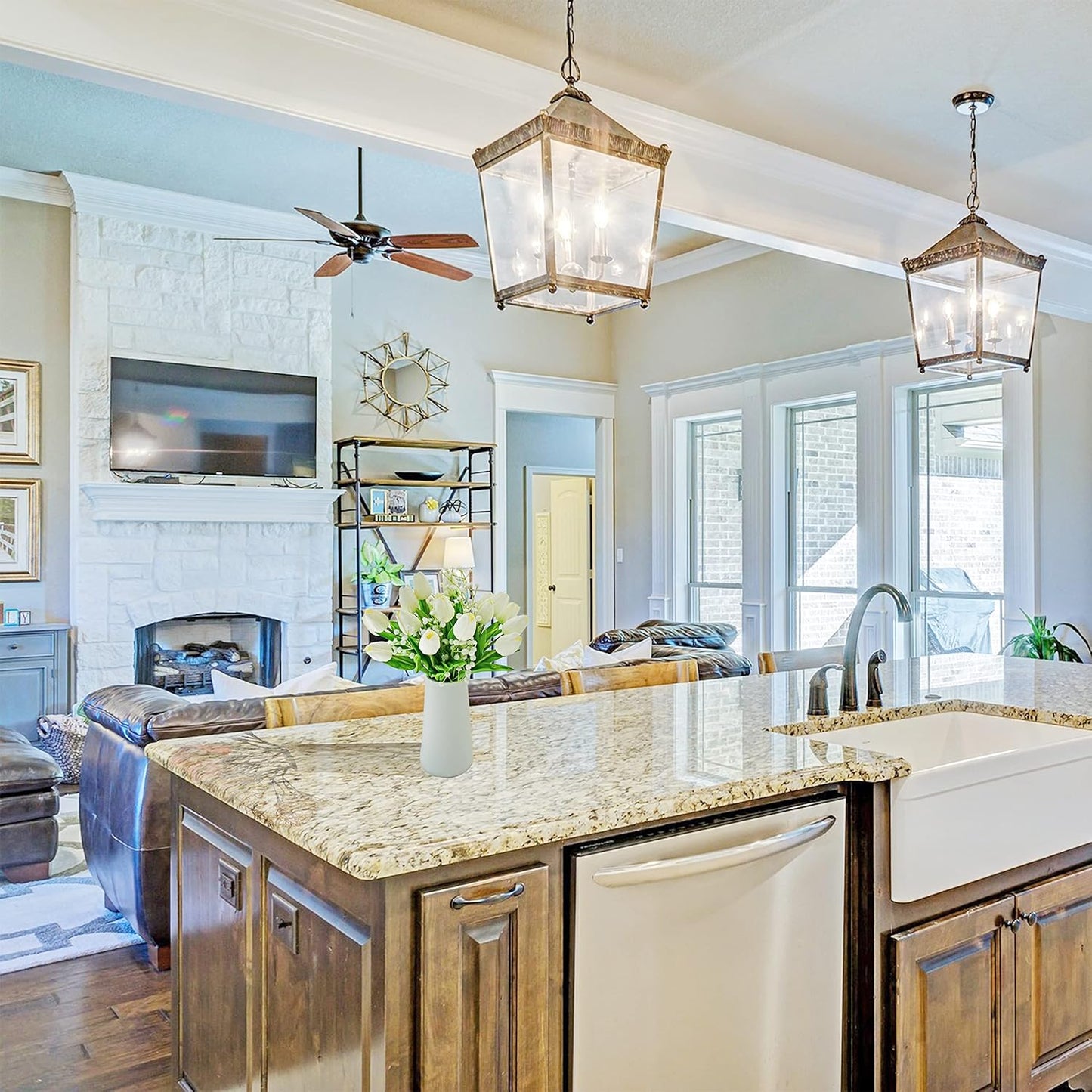 Mandy's Artificial Tulips 20 Stems White with 3pcs White Baby's Breath PU Faux Flowers for Wedding Home Decor 13.5 Inch