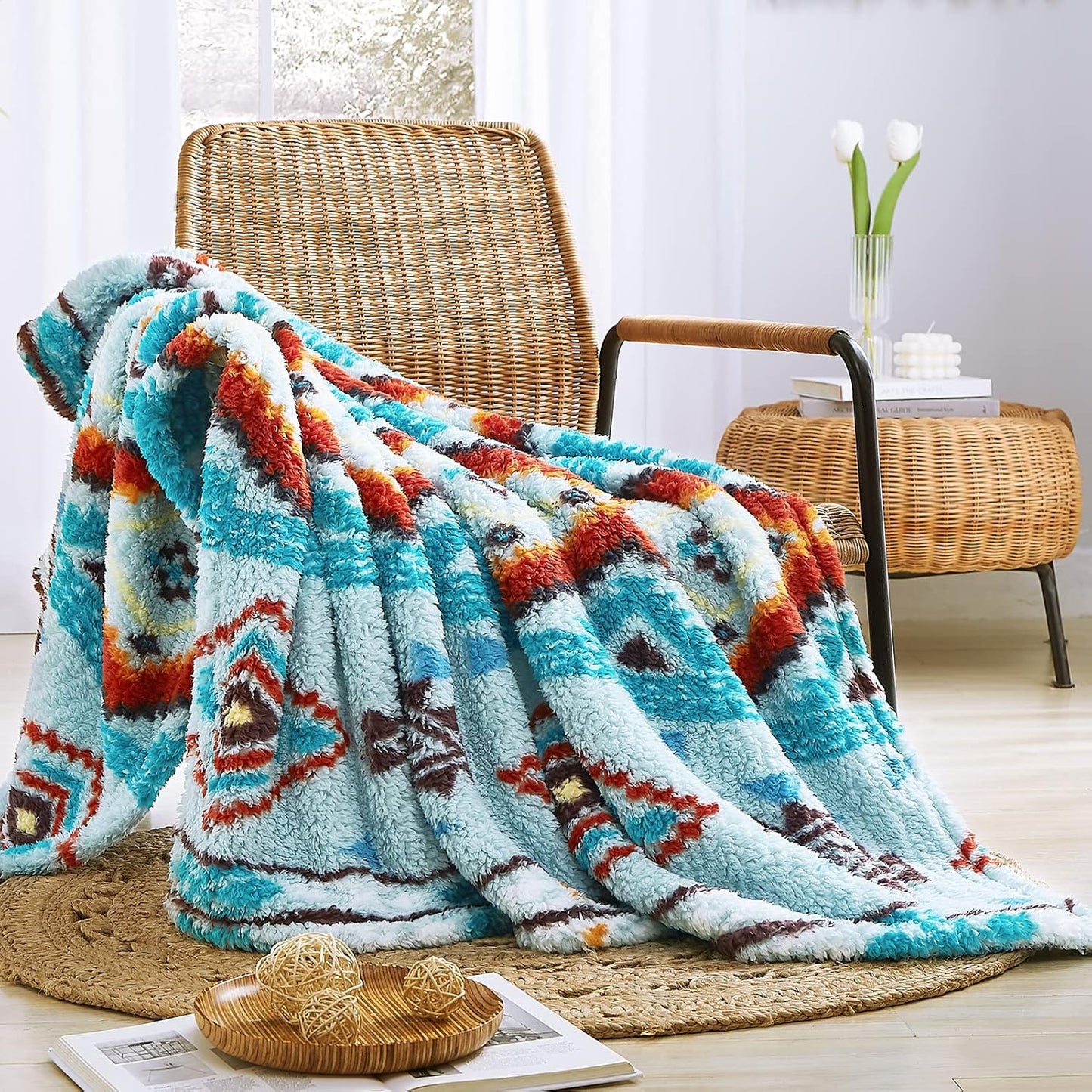CASAAGUSTO Boho Sherpa Throw Blanket, Aztec Throw, Ultra Soft, Warm, Cozy, Plush, Thick Fleece Bohemian Throw Blanket for Couch, Bed, Sofa (Aqua 50 * 60 Inch)