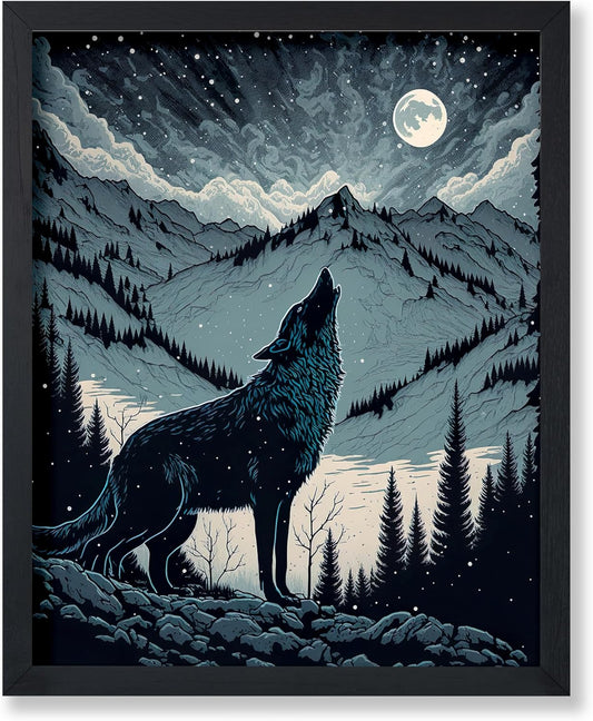 Poster Master Howling Wolf Poster - Moon Print - Mountain Art - Wolf & Moon Art - Gift for Men, Women & Animal Lover - Landscape Decor for Bedroom, Living Room or Kid's Room - 16x20 UNFRAMED Wall Art