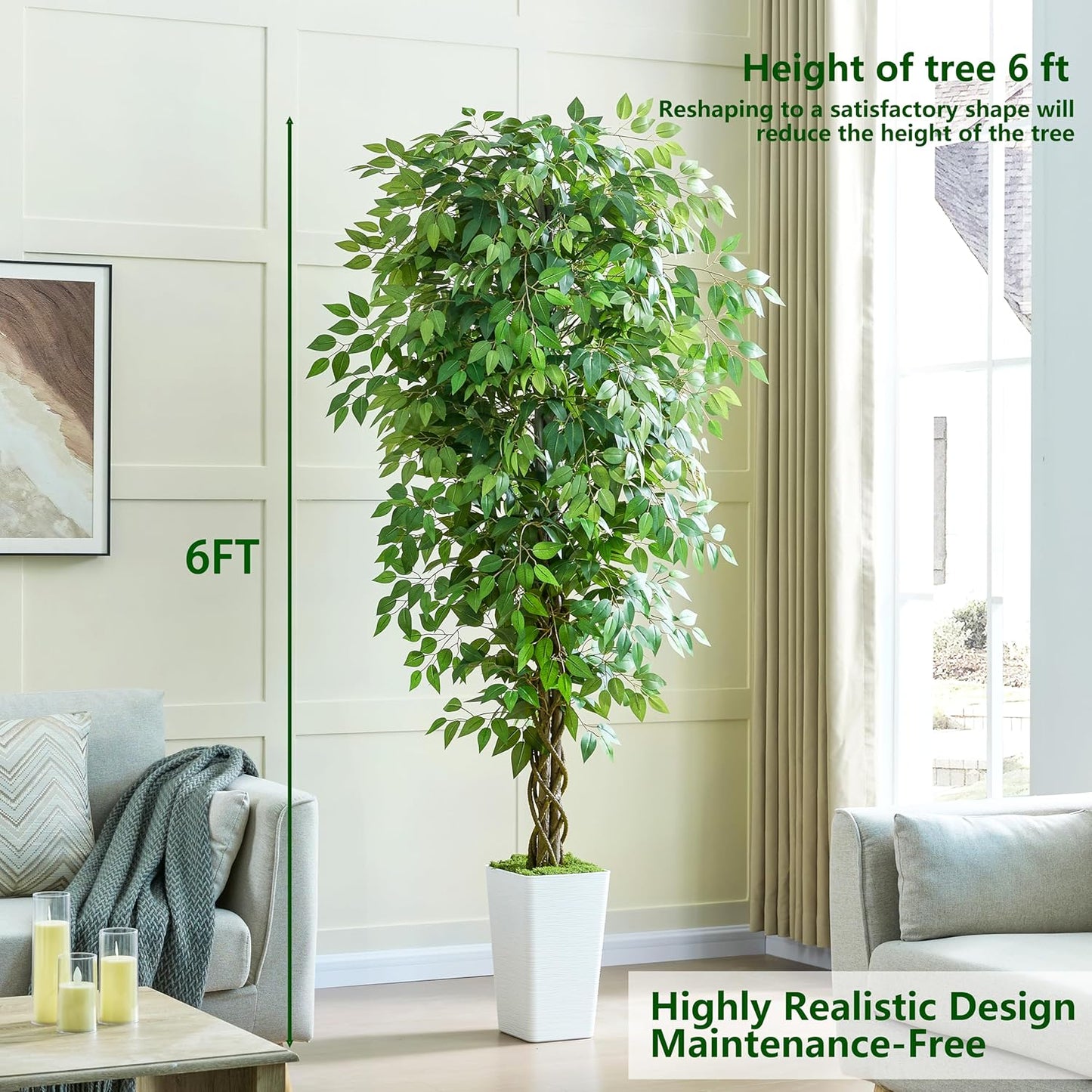 Artificial Ficus Tree 6FT Faux Plants Indoor Tall Fake Plants with White Planter, Green Lifelike Lush Fake Ficus Tree for Home Living Room Bedroom Outdoor Balcony House Office Decor