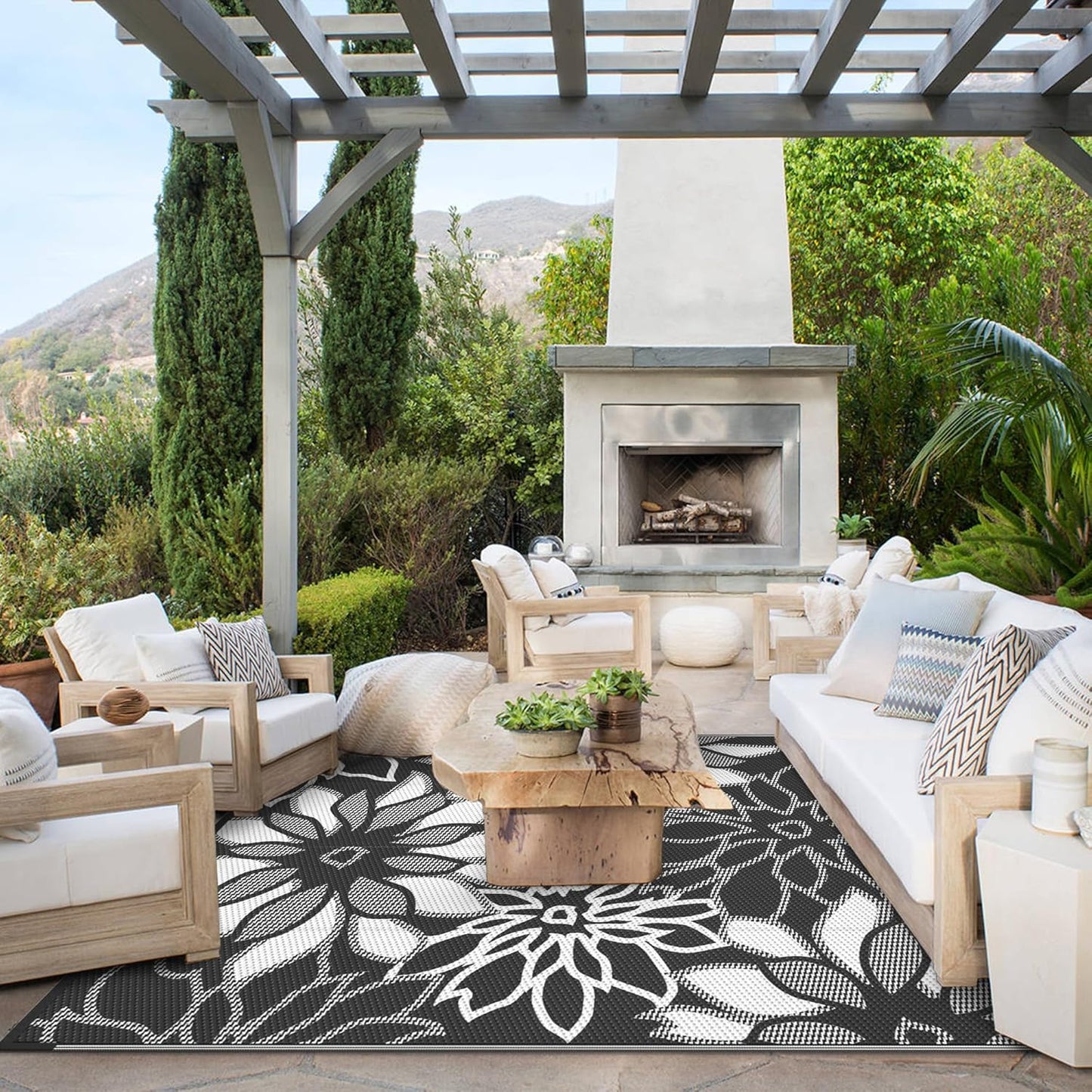 GENIMO Outdoor Rug Waterproof for Patio Decor, 8' x 10' Reversible Plastic Straw Floral Camping Carpet, Large Area Rugs Mats for RV, Camper, Deck, Balcony, Porch, Beach, Picnic, Black & White