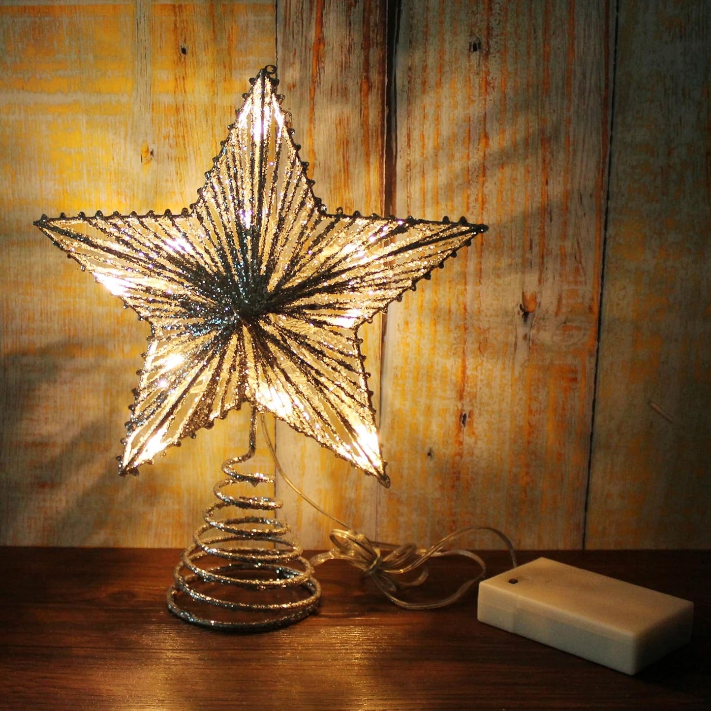 CVHOMEDECO. Silver Glittered 3D Tree Top Star with Warm White LED Lights and Timer for Christmas Tree Decoration and Holiday Seasonal Décor, 8 x 10 Inch