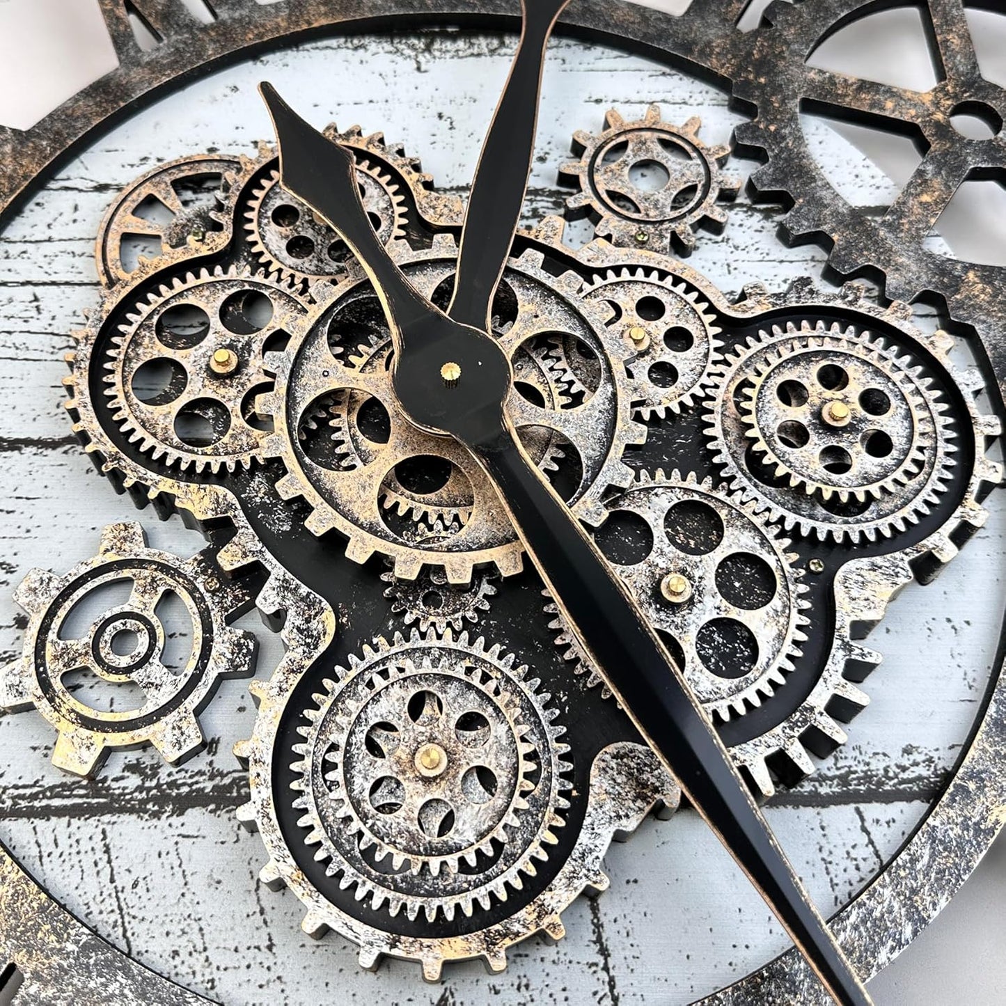 The B-Style 36" Large Moving Gear Wall Clock Oversized Vintage Farmhouse Wall Clocks for Living Room Decor Rustic Industrial Wood Clock (Gray White and Bronze Gears)