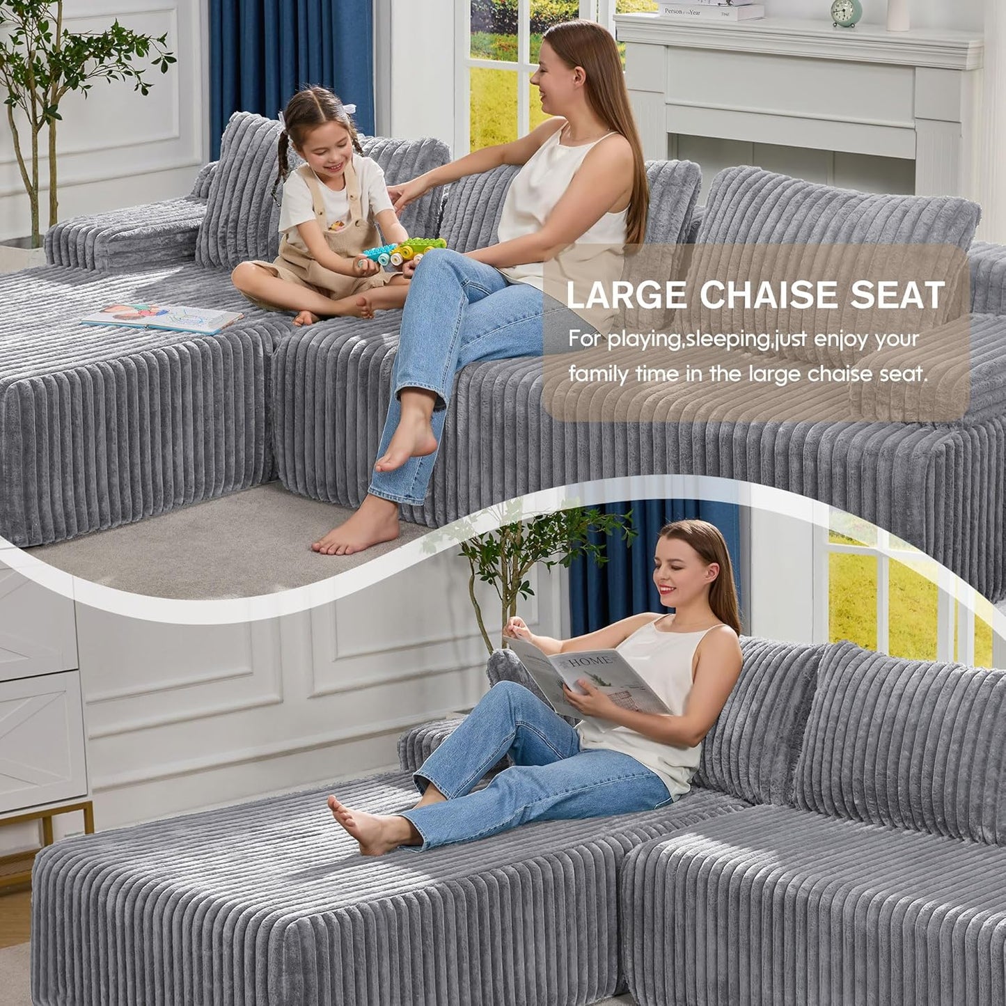 Hobestluk Modular Sectional Sofa Couches 108" L-Shape Couch 3 Seat Modular Sofa Memory Foam Sectional Couches for Living Room, Boneless Couch with Oversized Chaise (Light Grey, Left Facing)