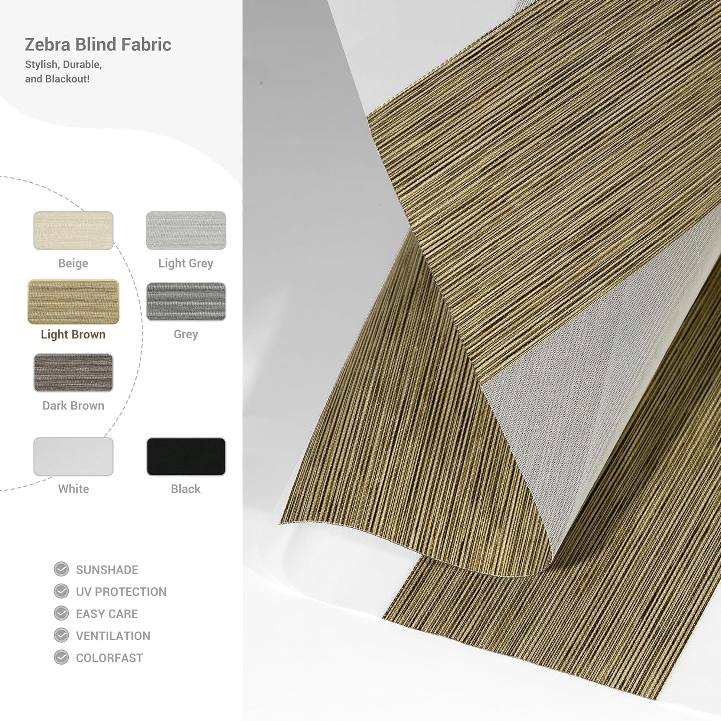 Cordless Zebra Blinds for Windows, Blackout Interior Blinds,Easy to Install,UV Protection,for Offices and Home,Custom Roller Shades, Mousse Light Bown,51" W x 72" H