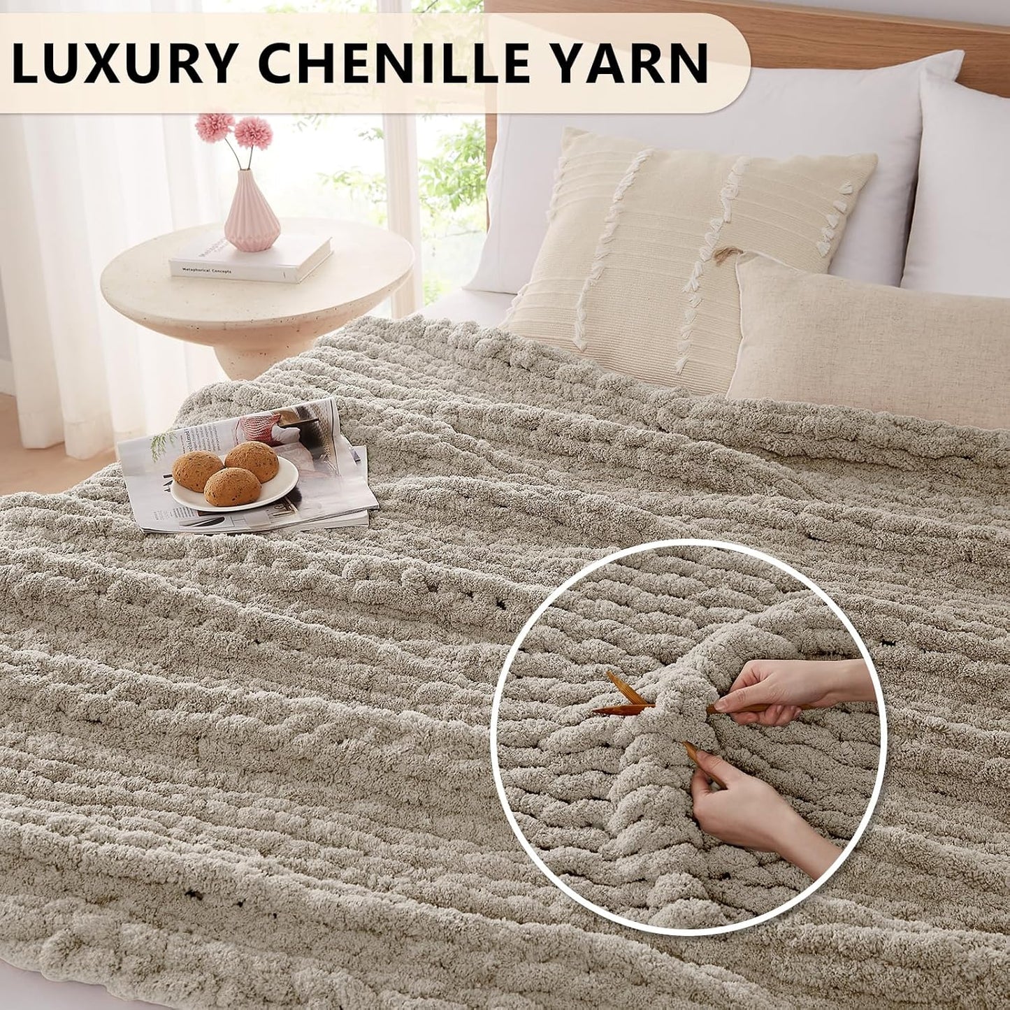 L'AGRATY Chunky Knit Blanket Throw: 72''x84'' Chenille Chunky Knitted Throw Blankets for Bed Couch - Handmade Thick Big Cable Knit Blanket - Large Crochet Rope Blankets for Home Decor(Light Linen)