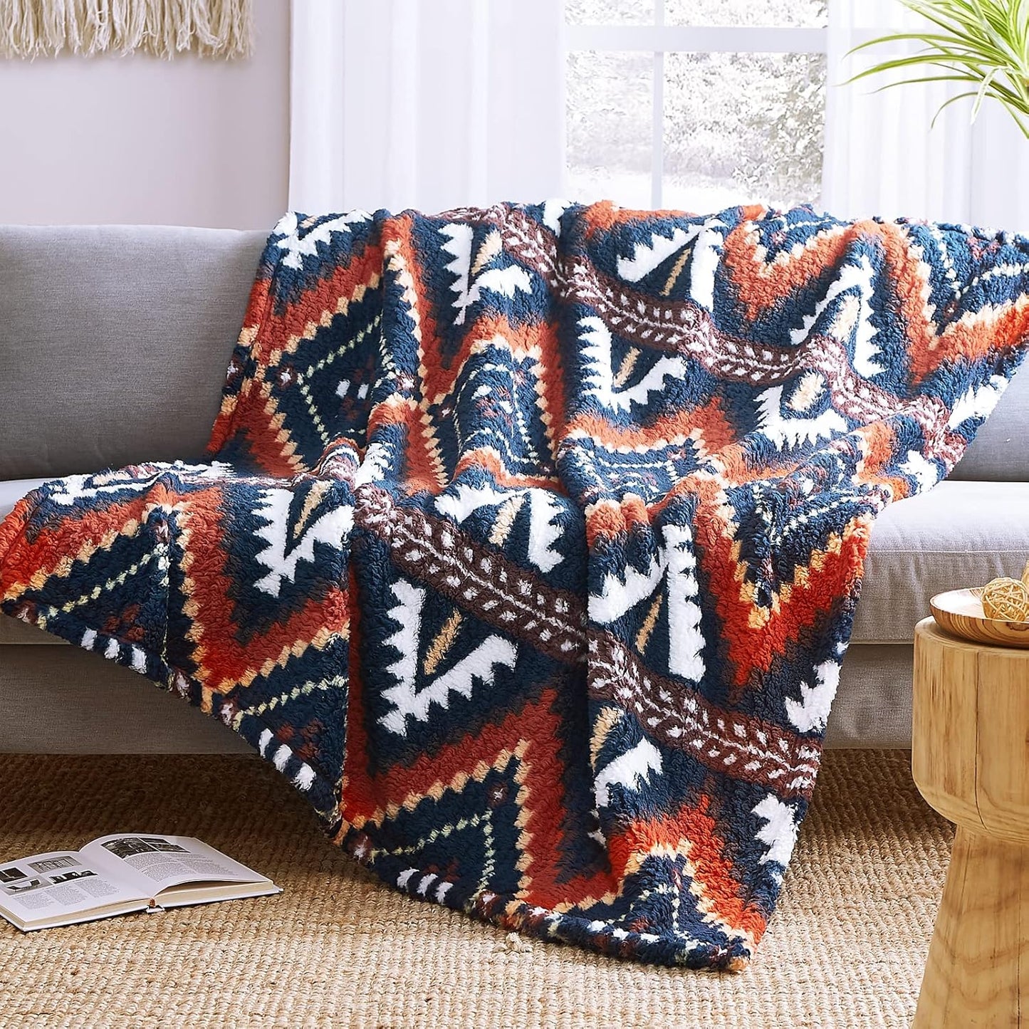 CASAAGUSTO Boho Sherpa Throw Blanket, Aztec Throw, Ultra Soft, Warm, Cozy, Plush, Thick Fleece Bohemian Throw Blanket for Couch, Bed, Sofa (Navy Blue 50 * 60 Inch)