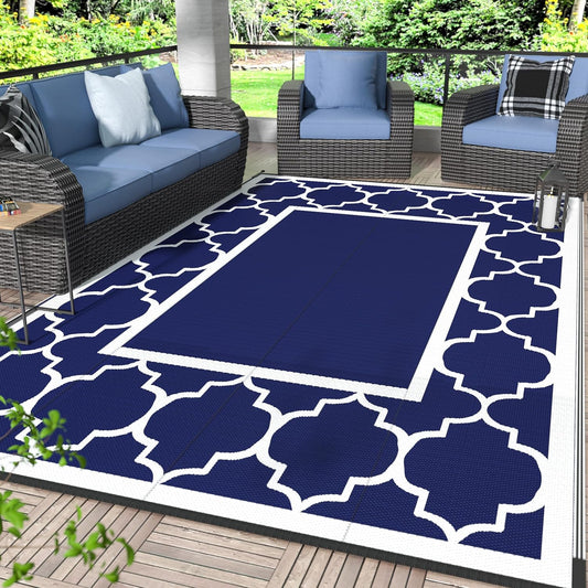 GENIMO 6' x 9' Outdoor Rug Waterproof for Patio Fall Decor, Foldable Reversible Plastic Straw Area Rugs Mat for Camper, Outside Carpet for Rv, Deck, Porch, Picnic, Beach, Balcony, Blue & Grey