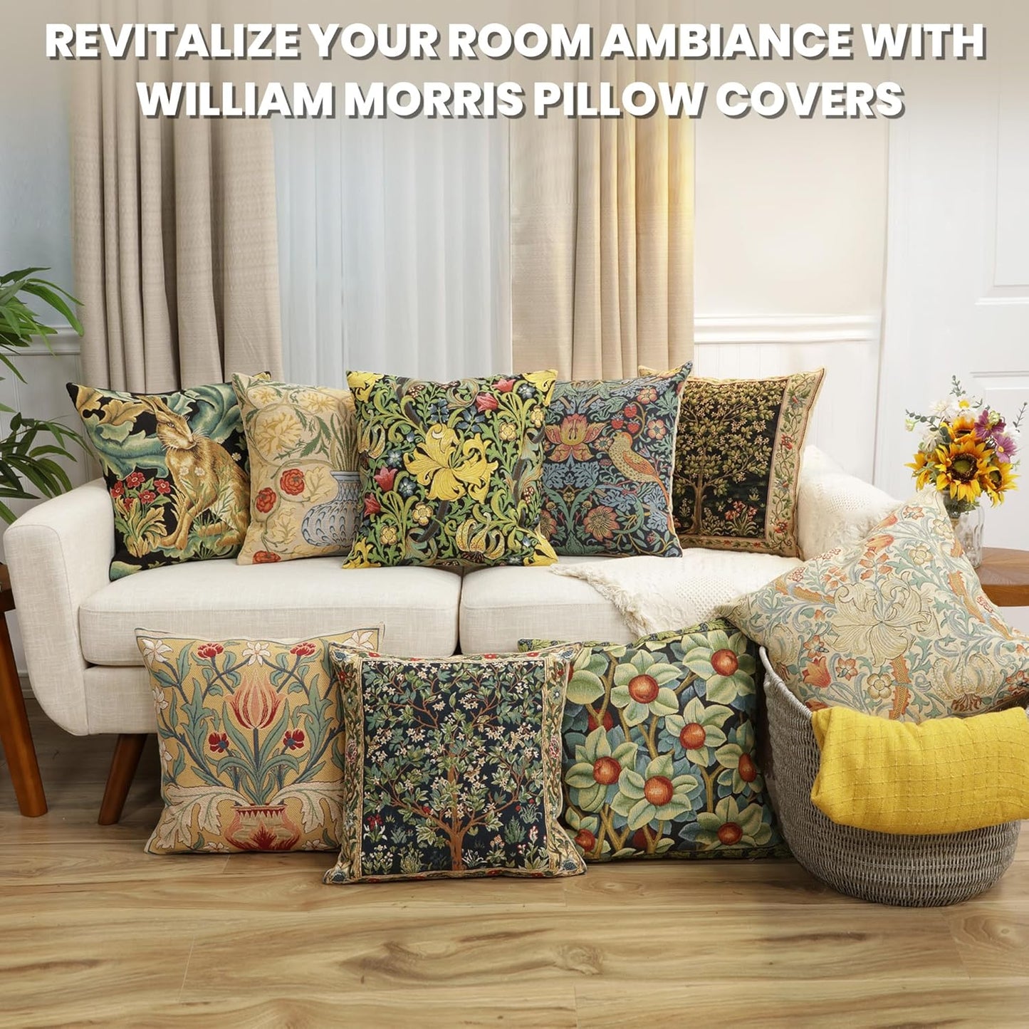 Charlotte Home Furnishings Throw Pillow Covers, Decorative Boho Pillow Cover for Couch, Living Room, Golden Lily Light Square Cushion Cases 18x18 in, European Cotton Jacquard Woven, Cozy Bedroom Decor