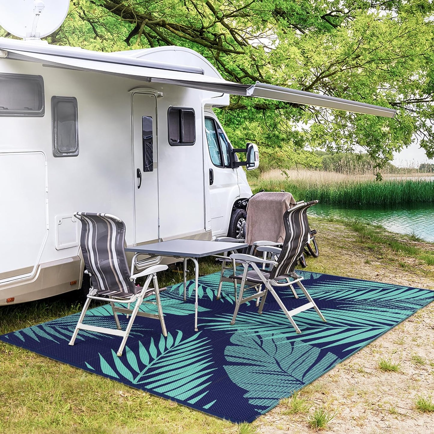 GENIMO Outdoor Rug 6' x 9' Waterproof for Patios Clearance, Reversible Outdoor Plastic Straw Camping Rug Carpet, Large Area Rugs Mats for RV, Camper, Deck, Balcony, Porch, Beach, Navy Blue&Jade Green