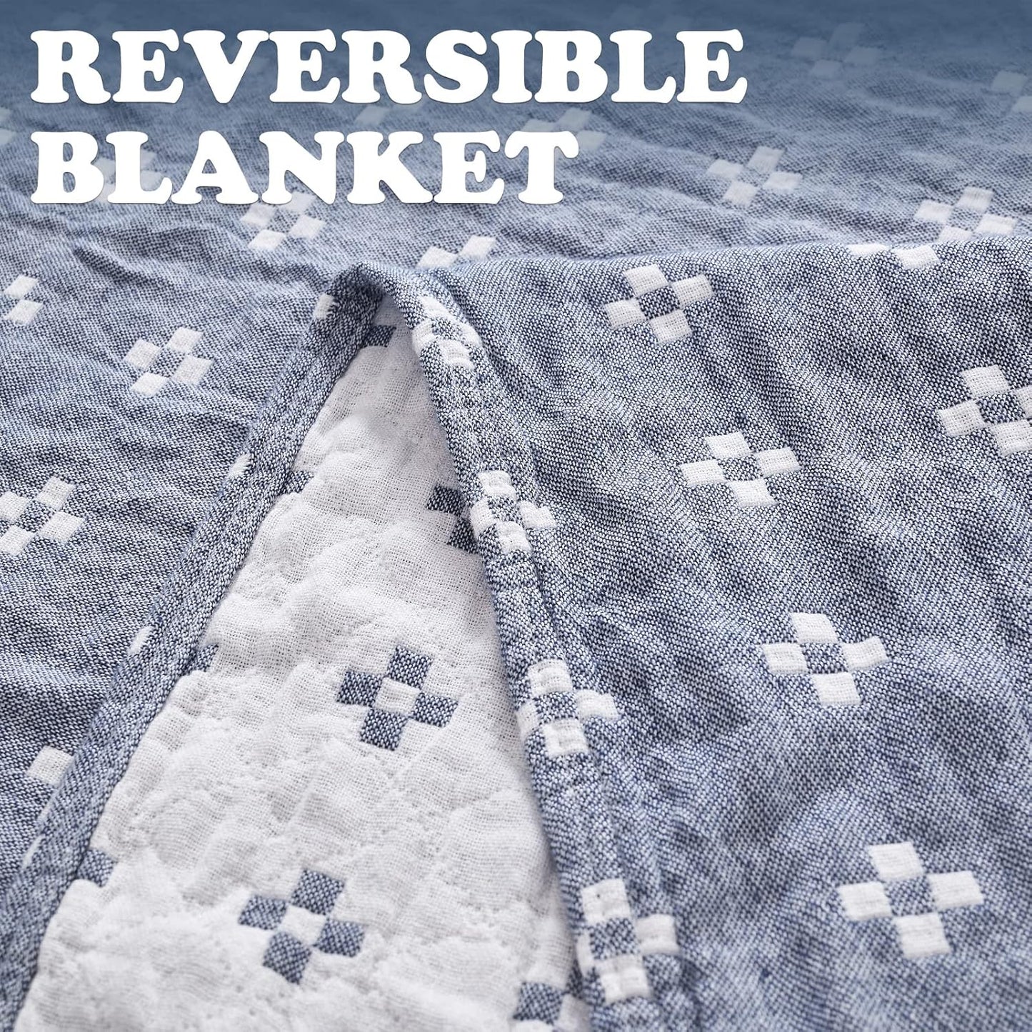 jinchan Boho 100% Cotton Blanket Muslin 50x60 Inches Lightweight 3-Layer Geometric Cross Pattern Reversible Quilt Throw Soft Breathable Comfy All Seasons for Couch Bed Decor, Blue