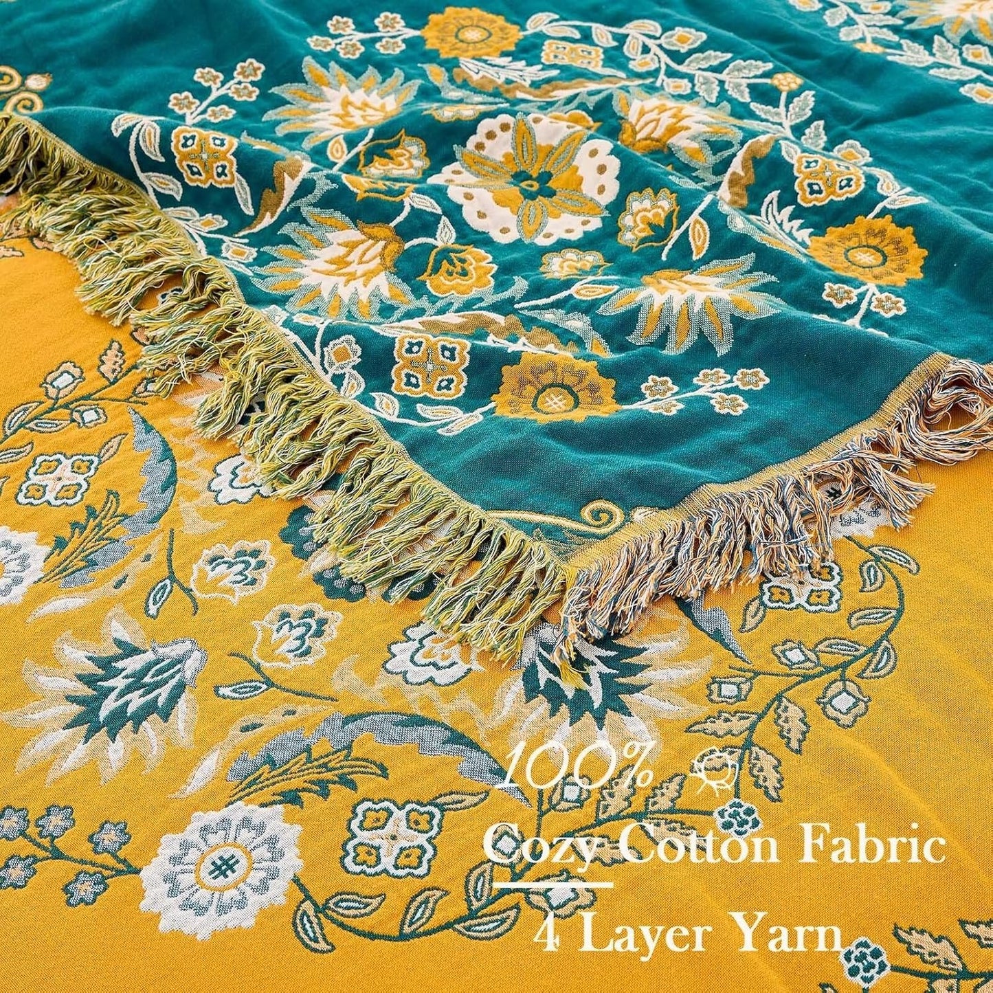 Boho Throw Blanket, 100% Cotton Ultra Soft Luxury Throw Rustic Quilt, Floral Printed Farmhouse Decor Bed Summer Blankets, All Season Rustic Reversible Bohemian Throw for Bed (60"x80" Yellow